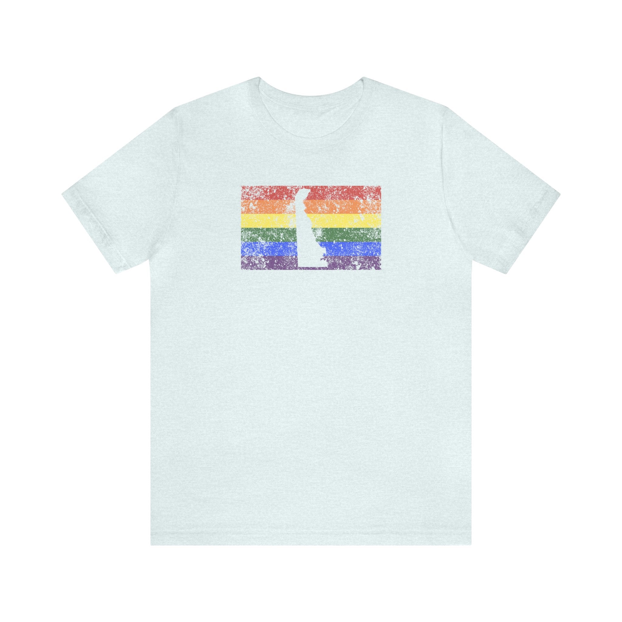 Delaware Pride Flag Tee: Rainbow LGBTQ+ State Silhouette Distressed Shirt