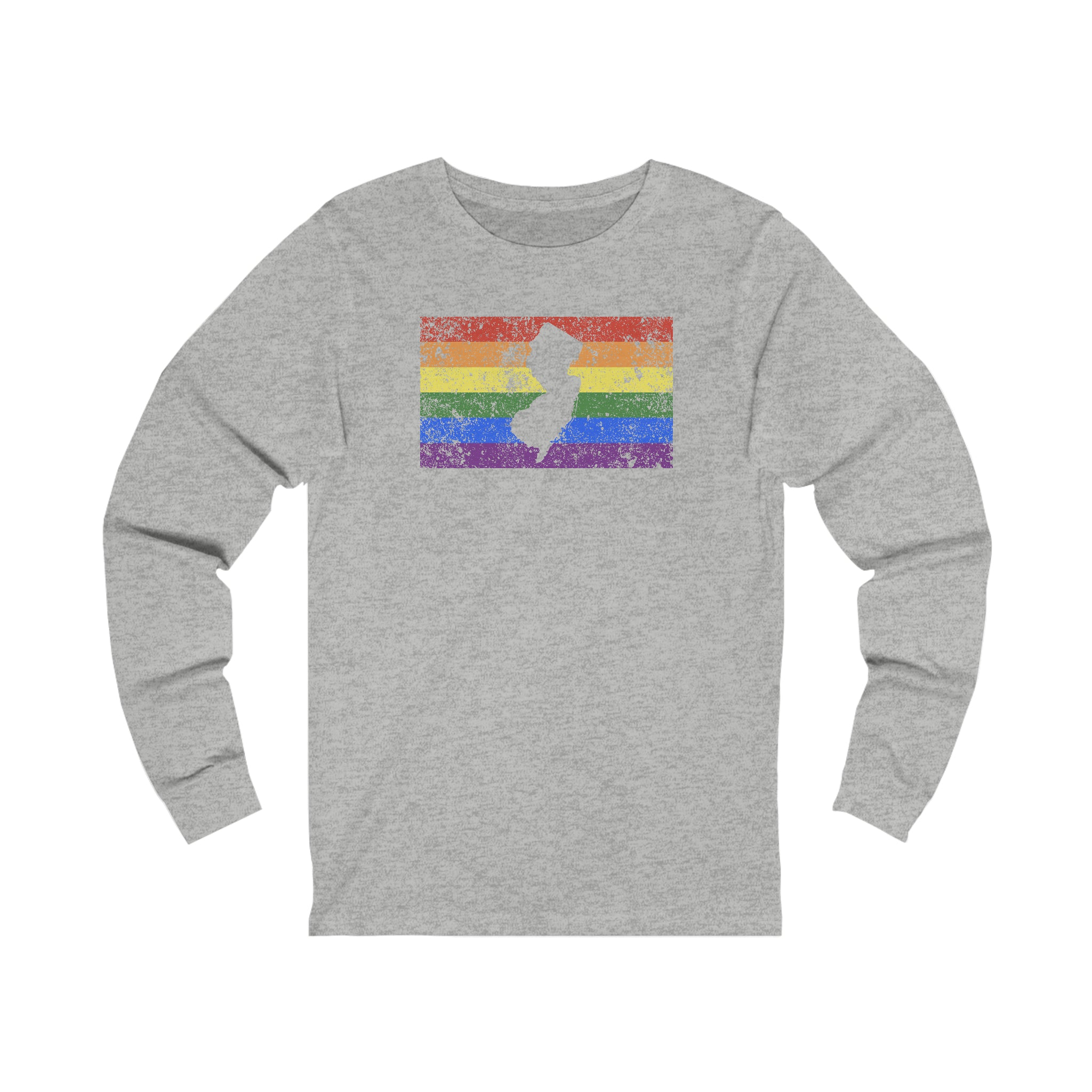 New Jersey Pride Flag Long Sleeve Tee: Rainbow LGBTQ+ State Silhouette Distressed Long Sleeve T-Shirt