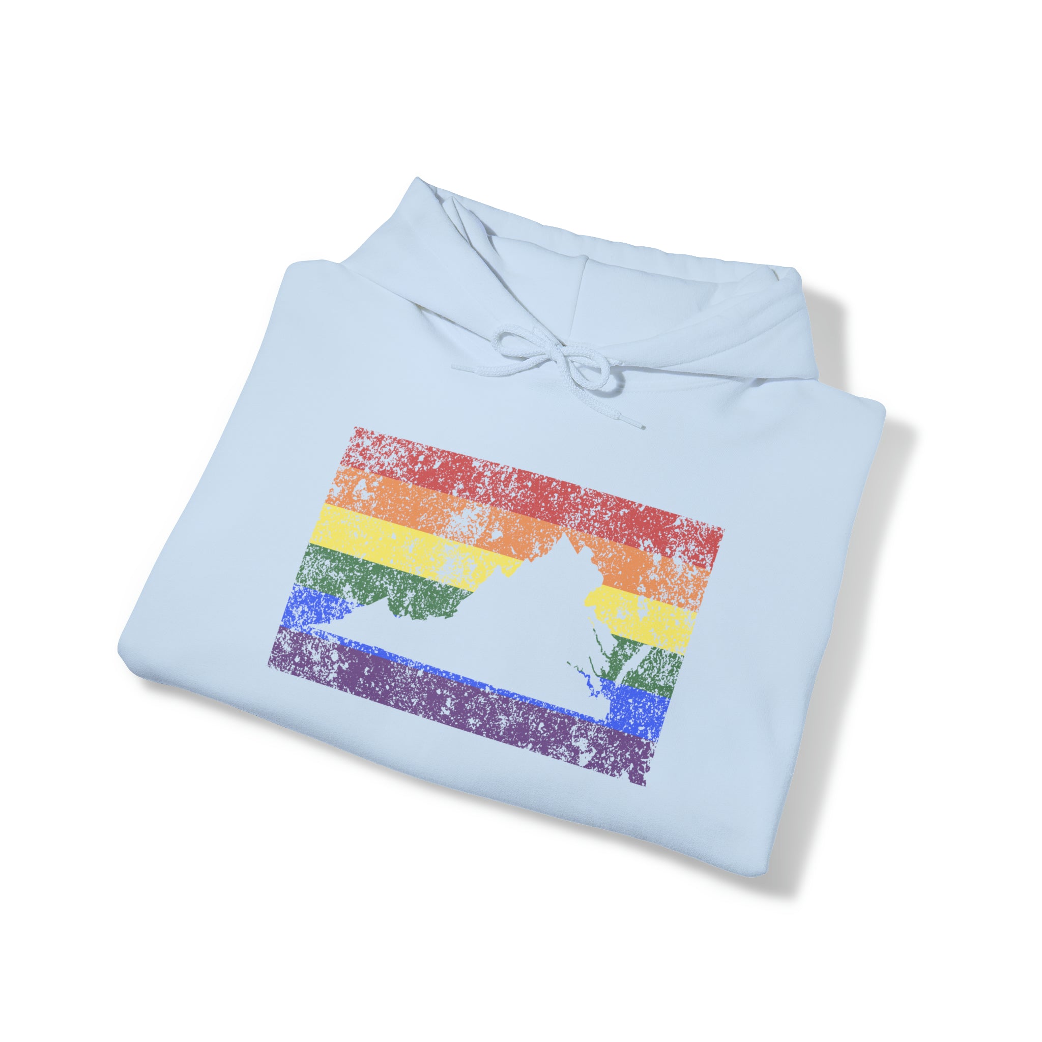 Virginia Pride Flag Hoodie: Rainbow LGBTQ+ State Silhouette Distressed Hooded Sweatshirt