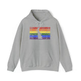 Delaware Pride Flag Hoodie: Rainbow LGBTQ+ State Silhouette Distressed Hooded Sweatshirt