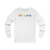 Alberta Pride Long Sleeve Tee: Flowing Cursive Design with LGBTQ+ Gradient