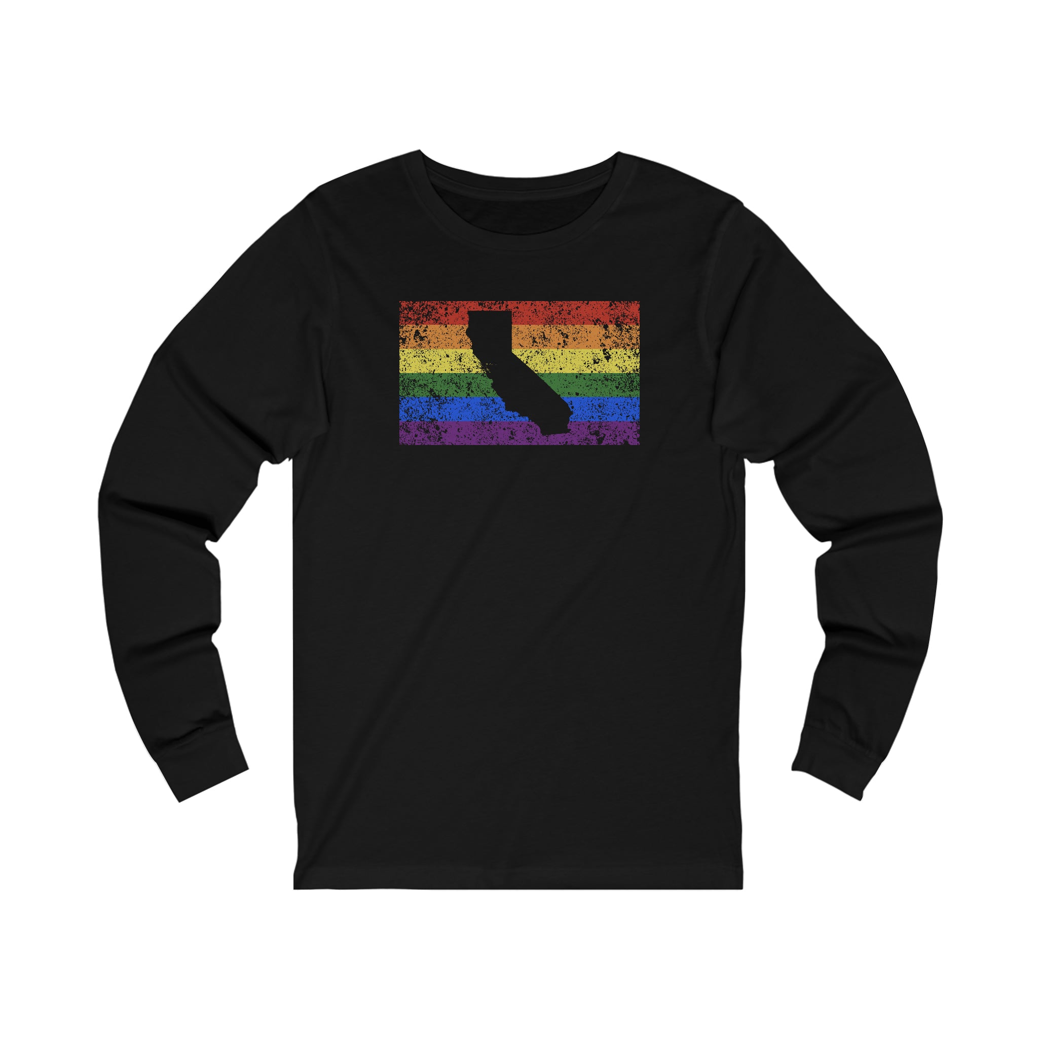 California Pride Flag Long Sleeve Tee: Rainbow LGBTQ+ State Silhouette Distressed Long Sleeve T-Shirt