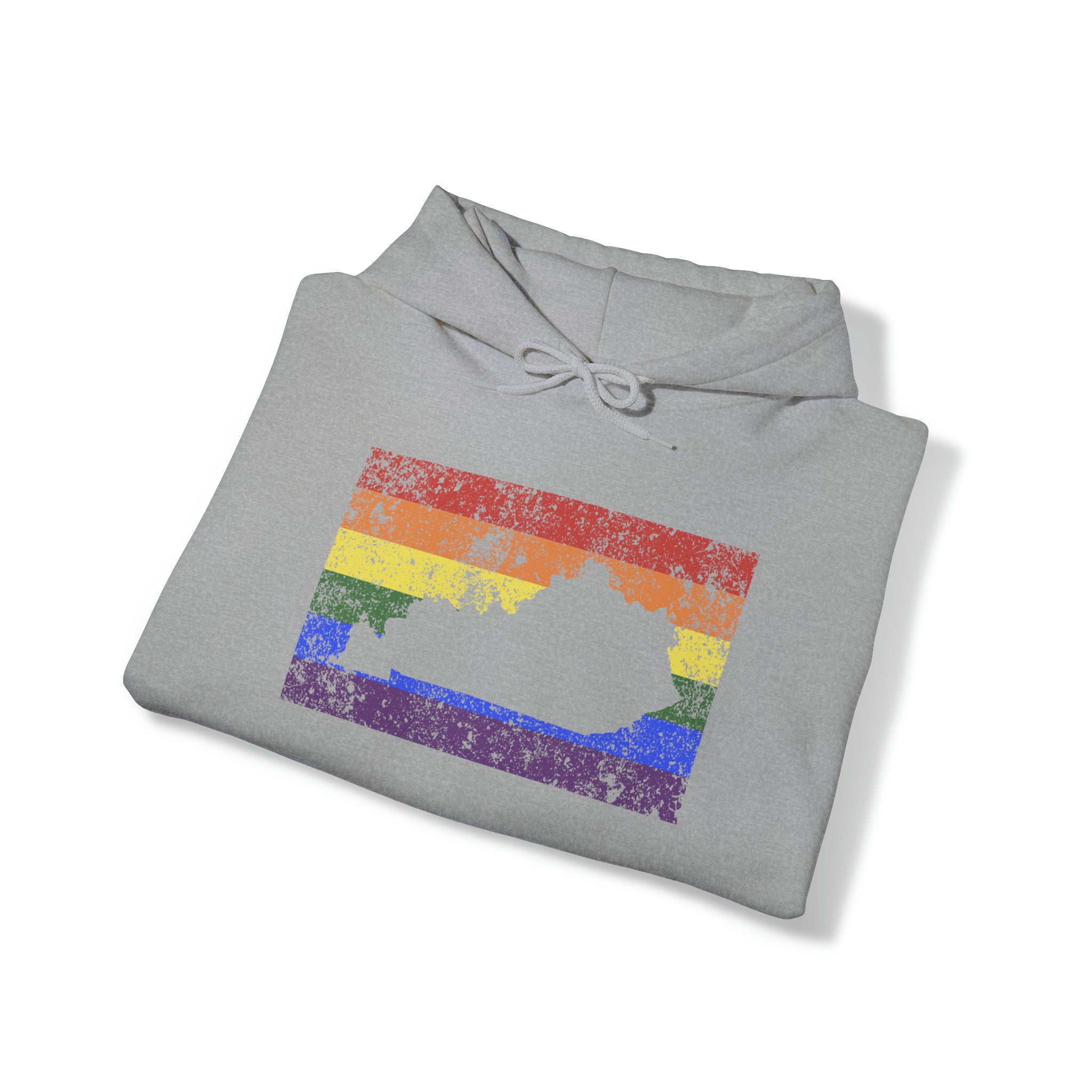 Kentucky Pride Flag Hoodie: Rainbow LGBTQ+ State Silhouette Distressed Hooded Sweatshirt