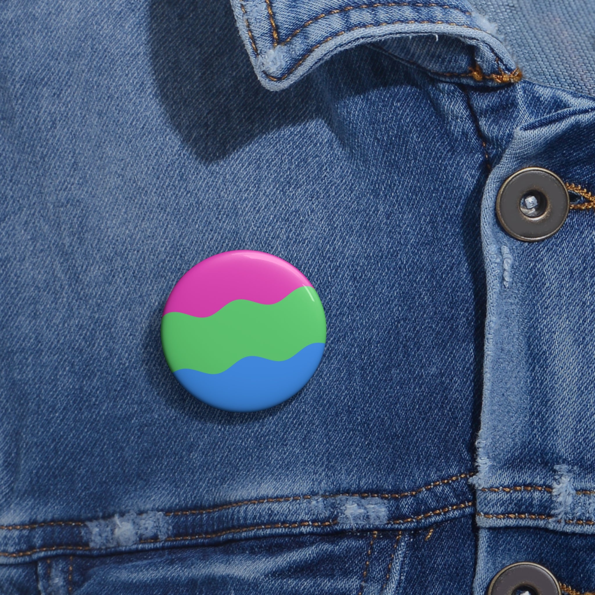 Polysexual Pride Flag Pin: Round Button with Wavey Design