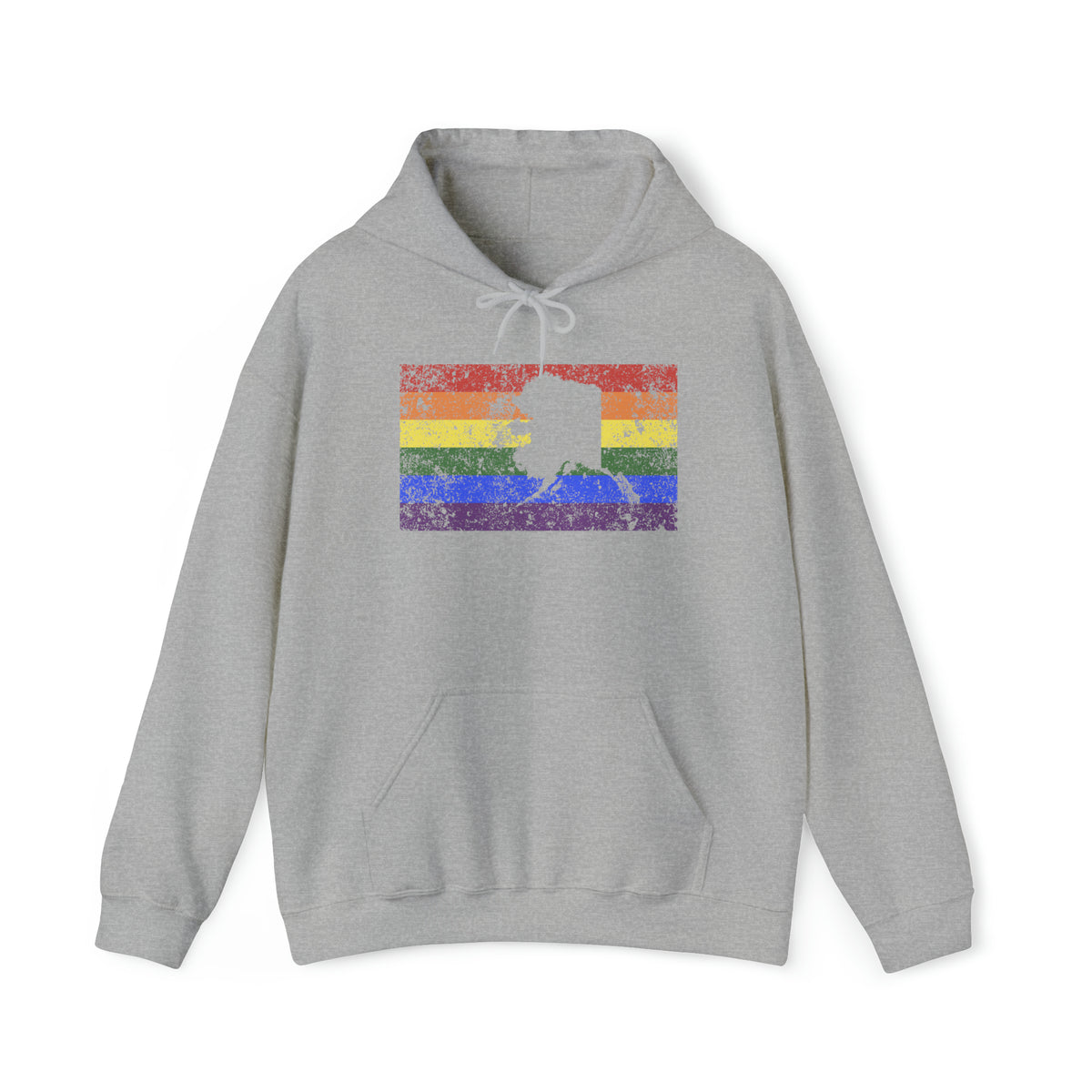 Alaska Pride Flag Hoodie: Rainbow LGBTQ+ State Silhouette Distressed Hooded Sweatshirt