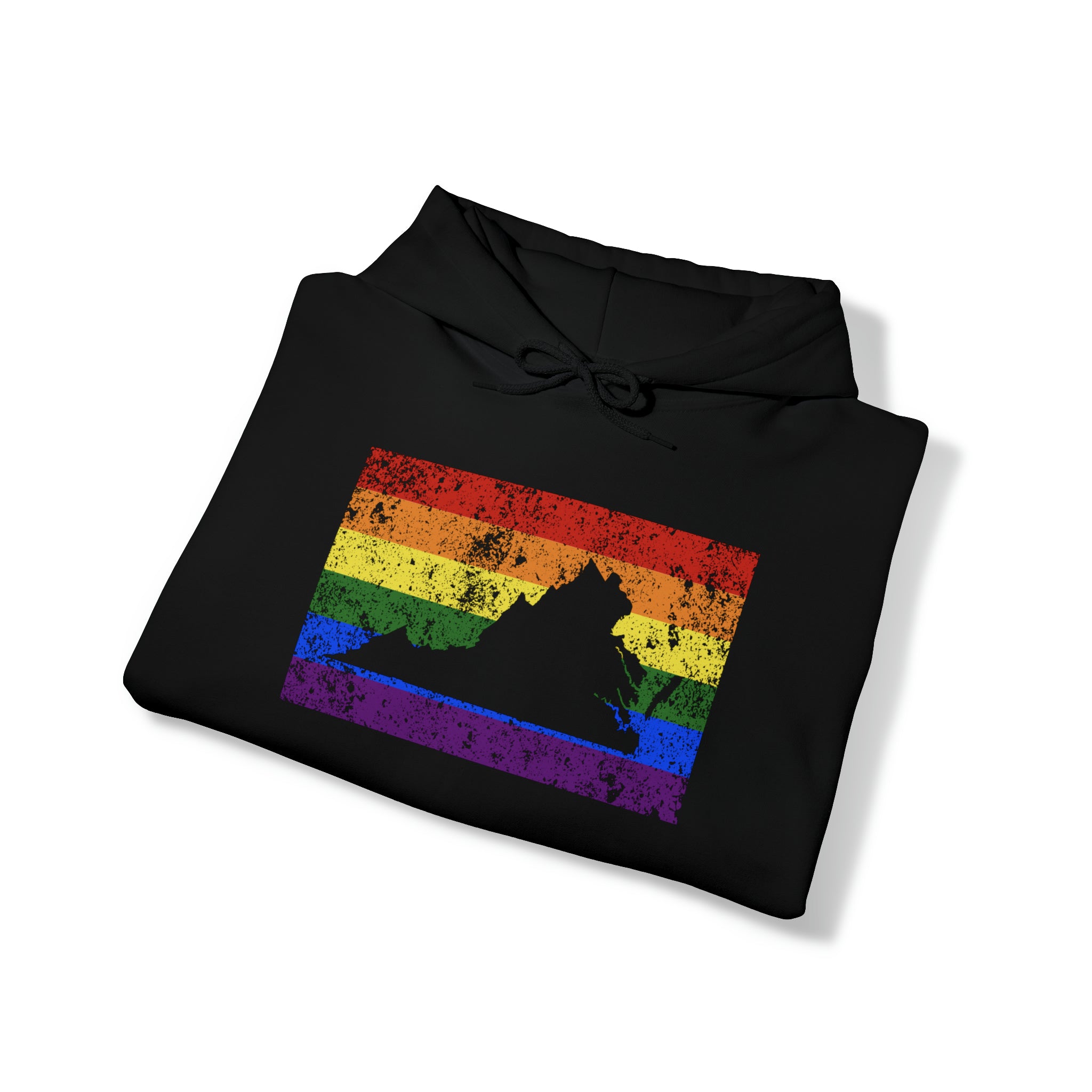 Virginia Pride Flag Hoodie: Rainbow LGBTQ+ State Silhouette Distressed Hooded Sweatshirt