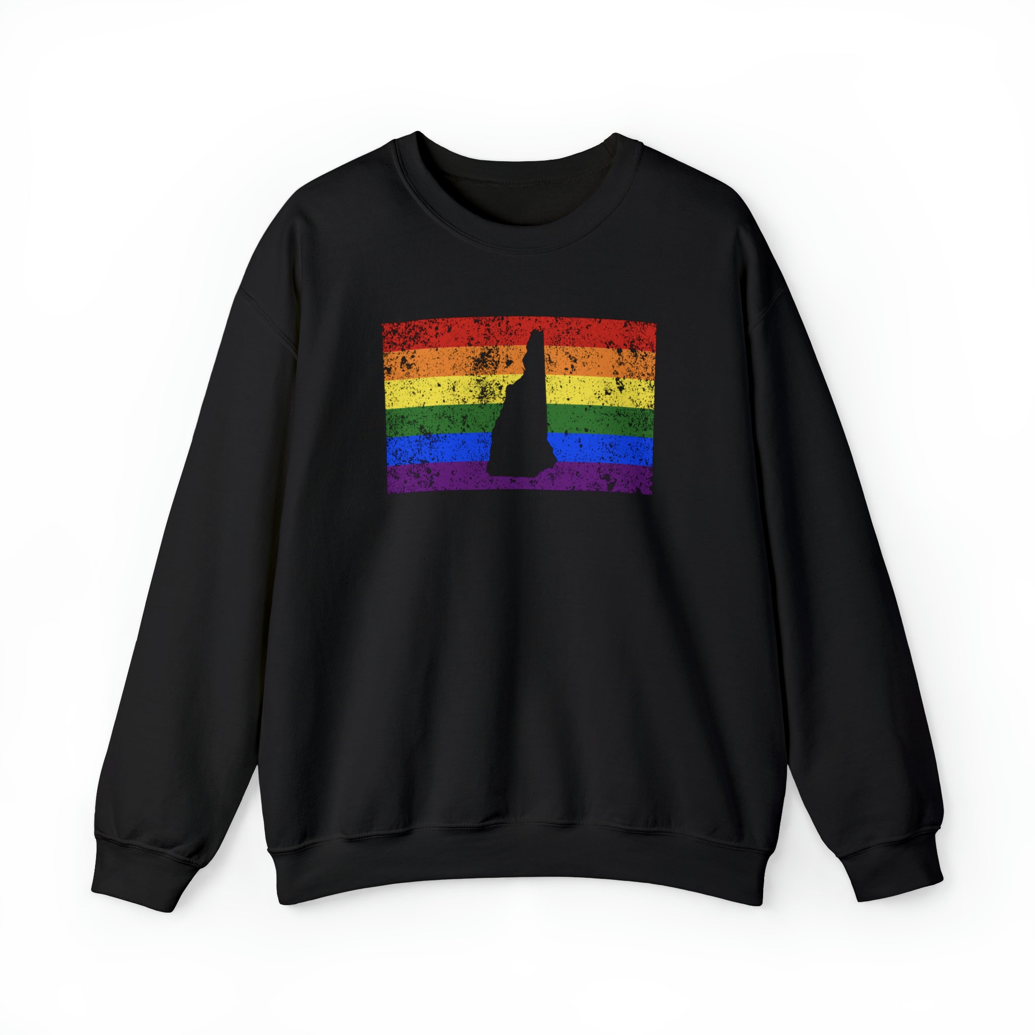 New Hampshire Pride Flag Sweater: Rainbow LGBTQ+ State Silhouette Distressed Sweatshirt