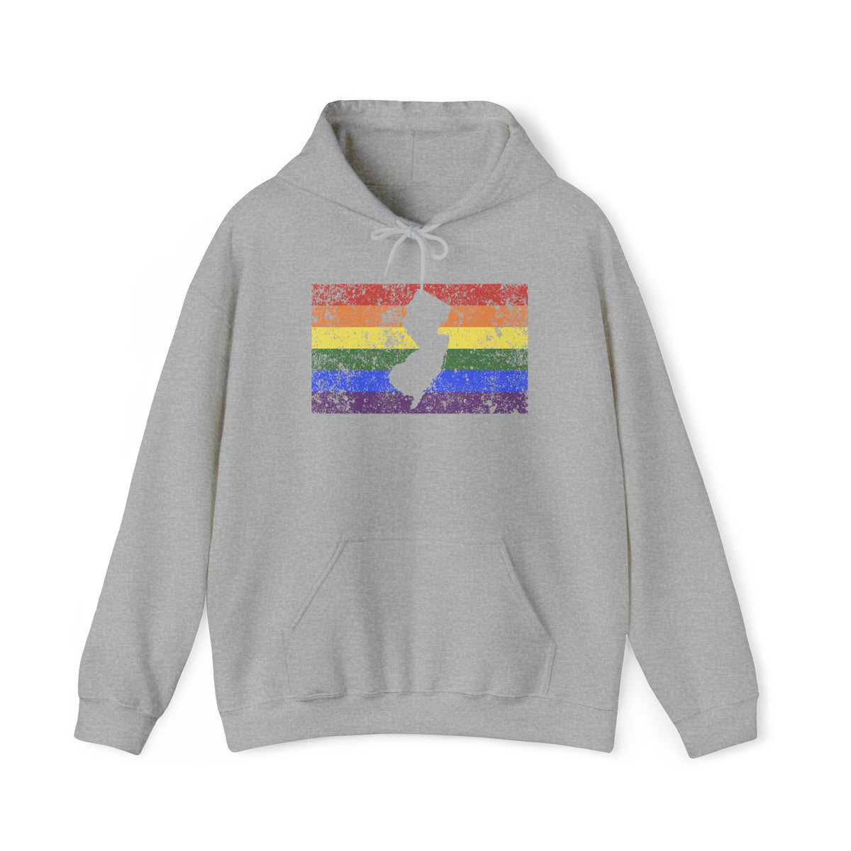 New Jersey Pride Flag Hoodie: Rainbow LGBTQ+ State Silhouette Distressed Hooded Sweatshirt