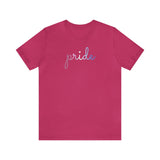 Bigender Pride T-Shirt: Flowing Cursive 'Pride' in Gradient Hues
