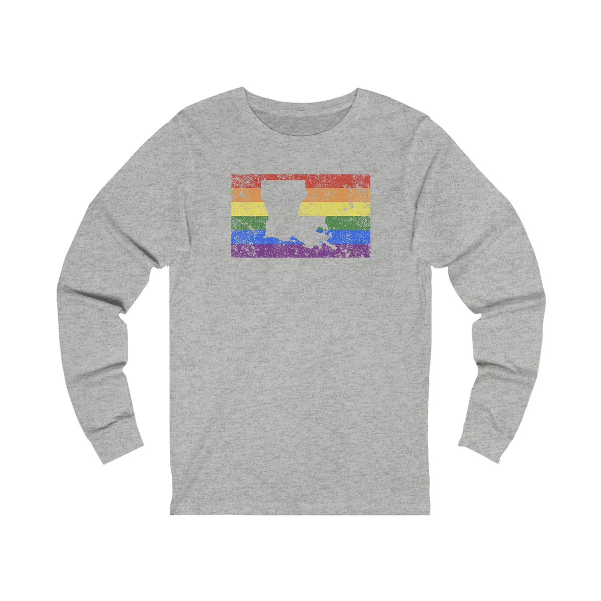 Louisiana Pride Flag Long Sleeve Tee: Rainbow LGBTQ+ State Silhouette Distressed Long Sleeve T-Shirt