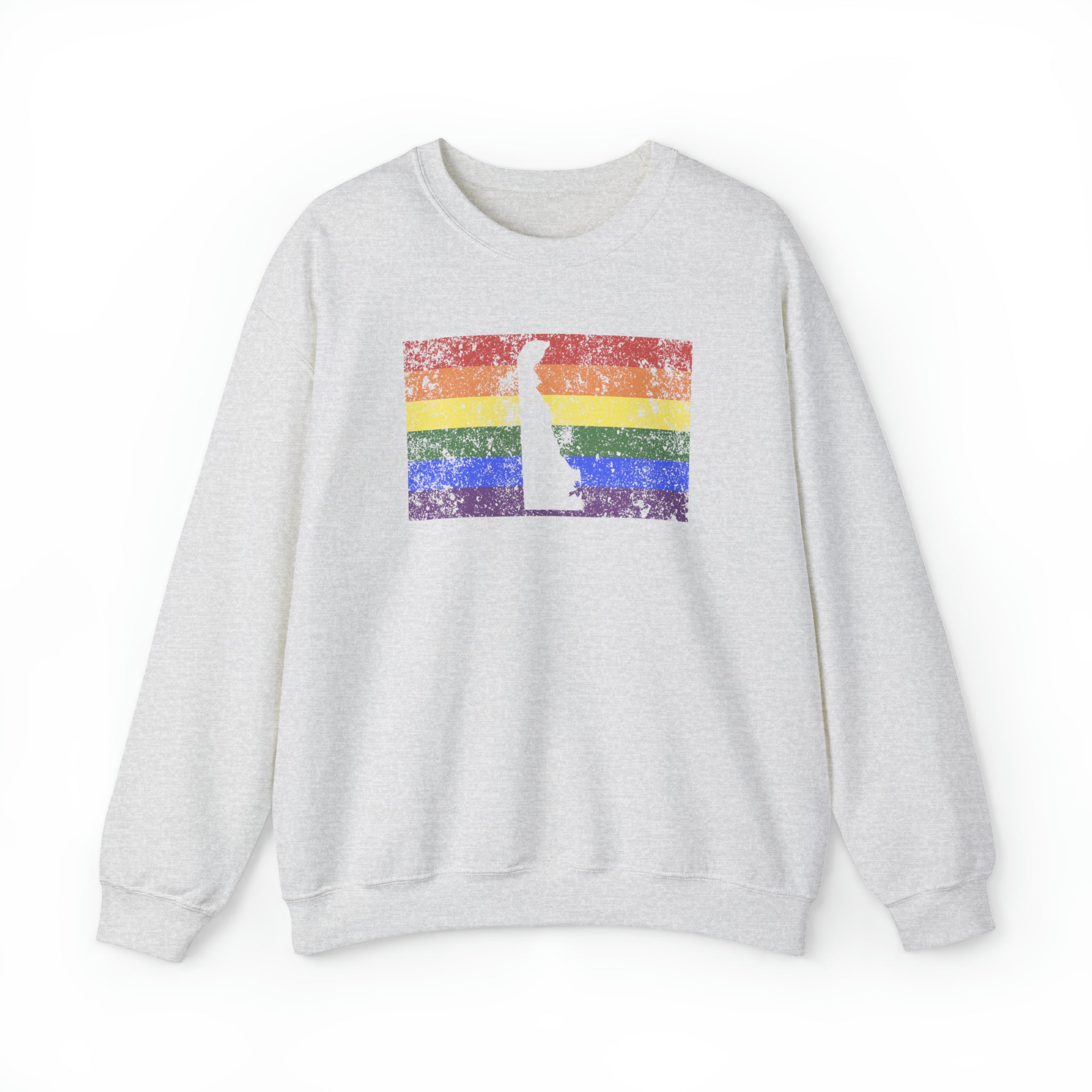Delaware Pride Flag Sweater: Rainbow LGBTQ+ State Silhouette Distressed Sweatshirt