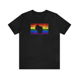 Wisconsin Pride Flag Tee: Rainbow LGBTQ+ State Silhouette Distressed Shirt
