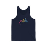 Pansexual Pride Tank-Top: Flowing Cursive 'Pride' in Gradient Hues