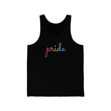 Pansexual Pride Tank-Top: Flowing Cursive 'Pride' in Gradient Hues