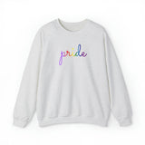 Gilbert Baker Pride Flag Sweater: Flowing Cursive 'Pride' in Gradient Hues