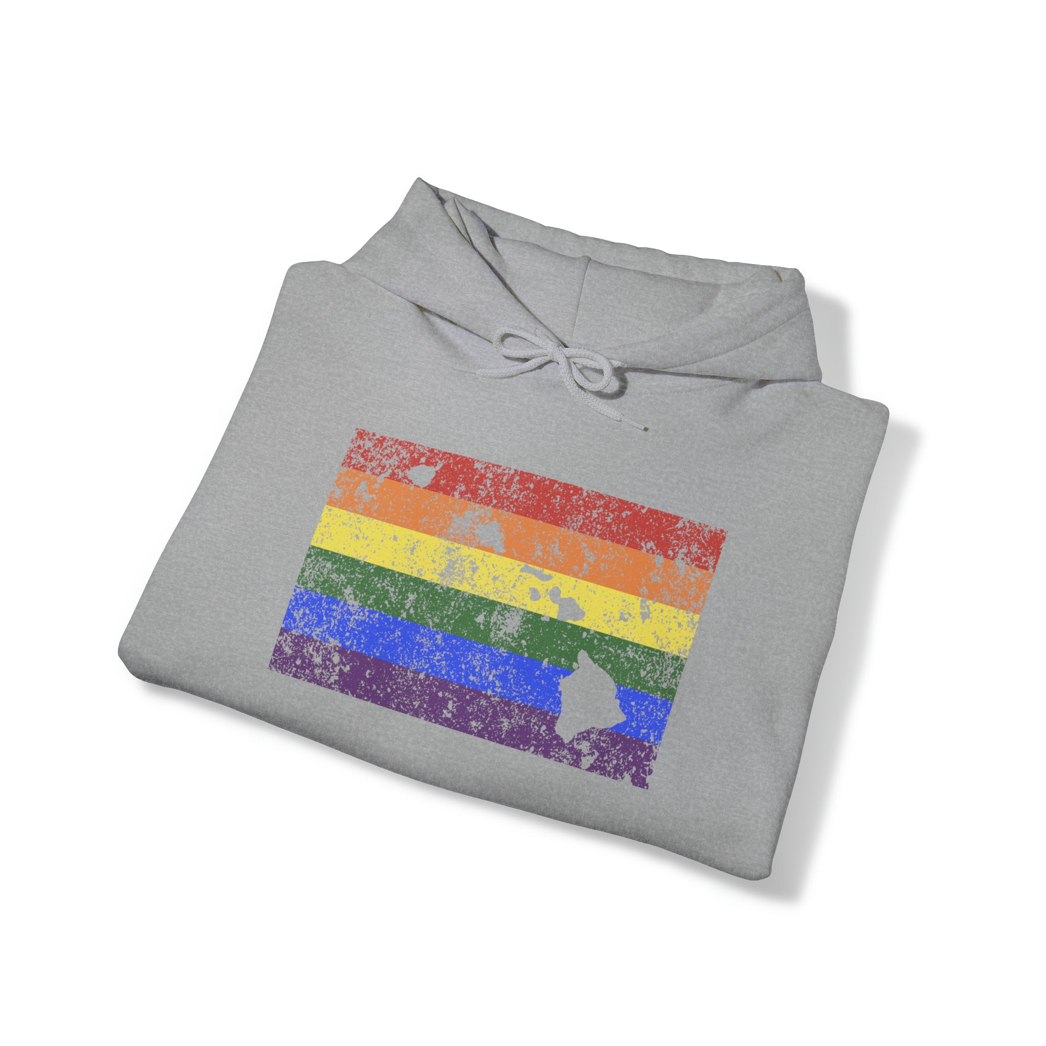 Hawaii Pride Flag Hoodie: Rainbow LGBTQ+ State Silhouette Distressed Hooded Sweatshirt