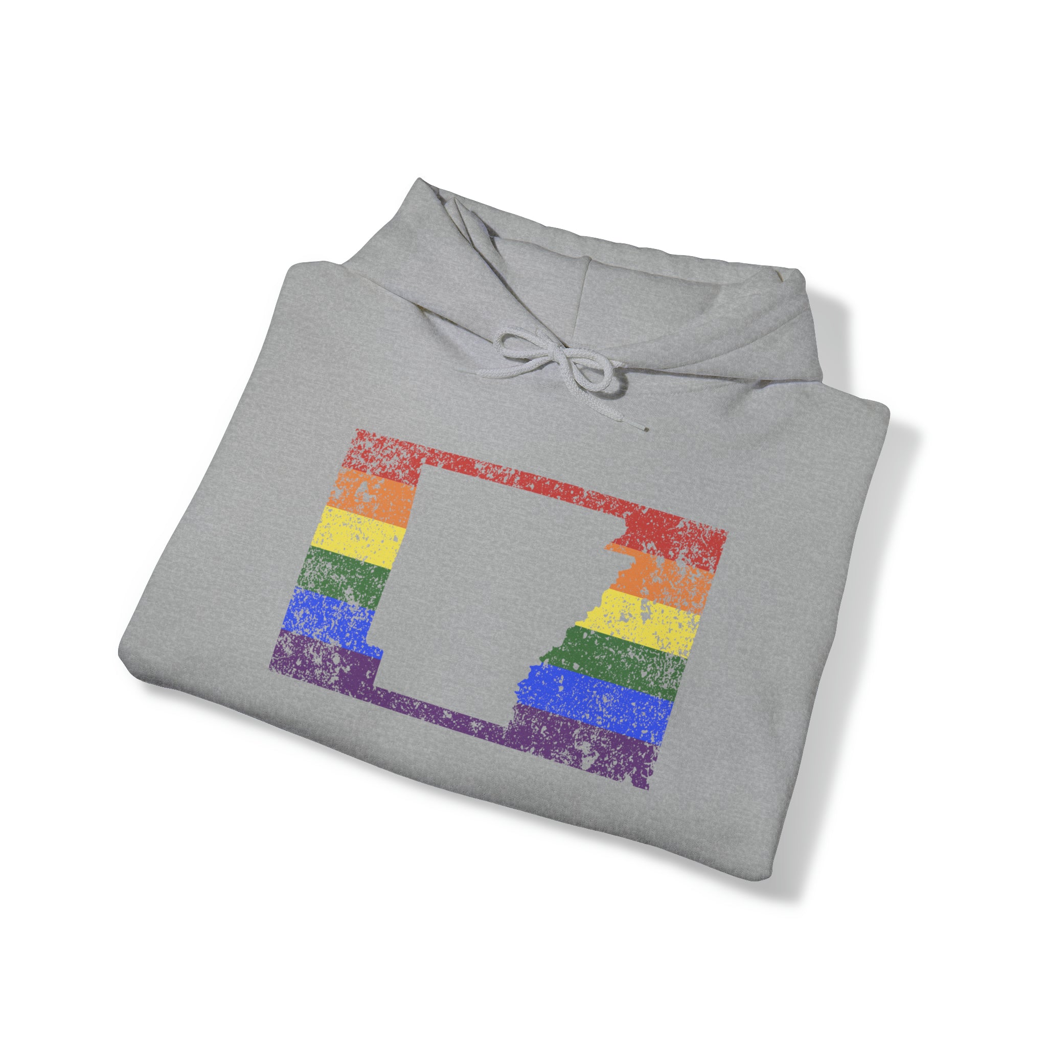 Arkansas Pride Flag Hoodie: Rainbow LGBTQ+ State Silhouette Distressed Hooded Sweatshirt