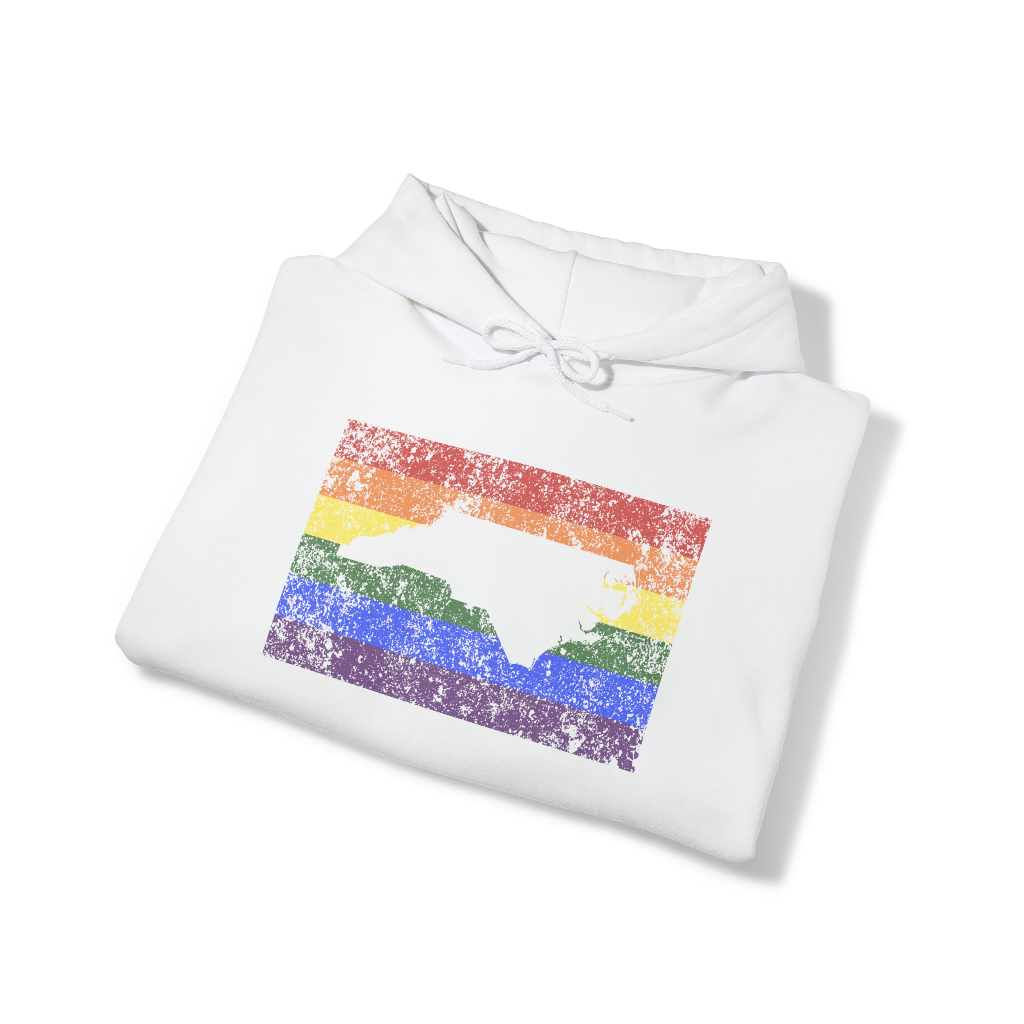 North Carolina Pride Flag Hoodie: Rainbow LGBTQ+ State Silhouette Distressed Hooded Sweatshirt