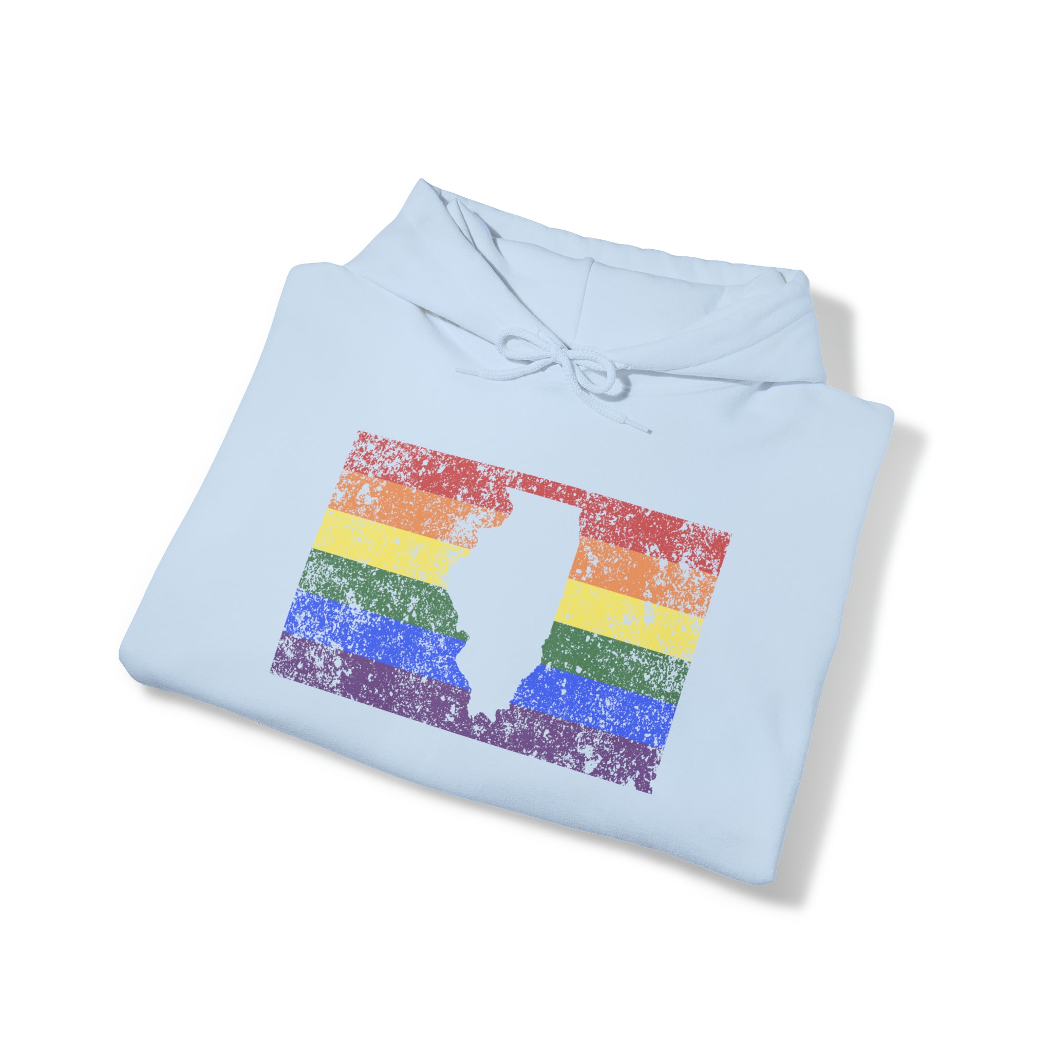 Illinois Pride Flag Hoodie: Rainbow LGBTQ+ State Silhouette Distressed Hooded Sweatshirt