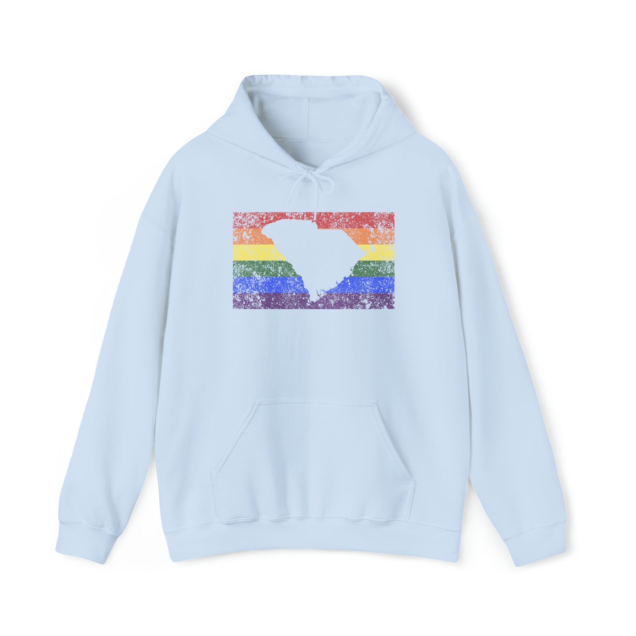 South Carolina Pride Flag Hoodie: Rainbow LGBTQ+ State Silhouette Distressed Hooded Sweatshirt