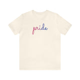 Bisexual Pride T-Shirt: Flowing Cursive 'Pride' in Gradient Hues