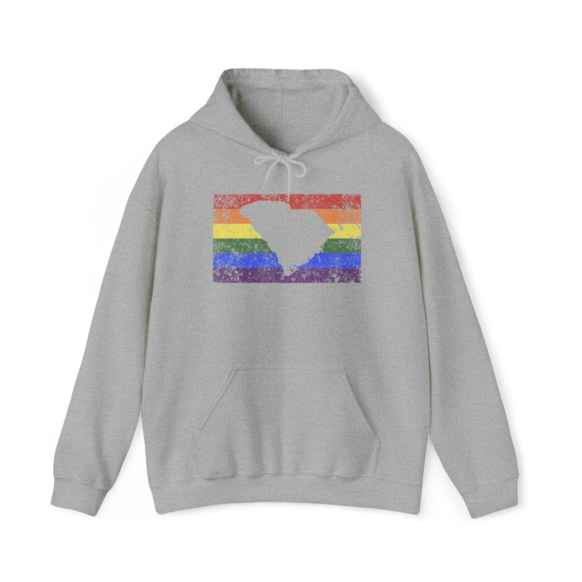 South Carolina Pride Flag Hoodie: Rainbow LGBTQ+ State Silhouette Distressed Hooded Sweatshirt