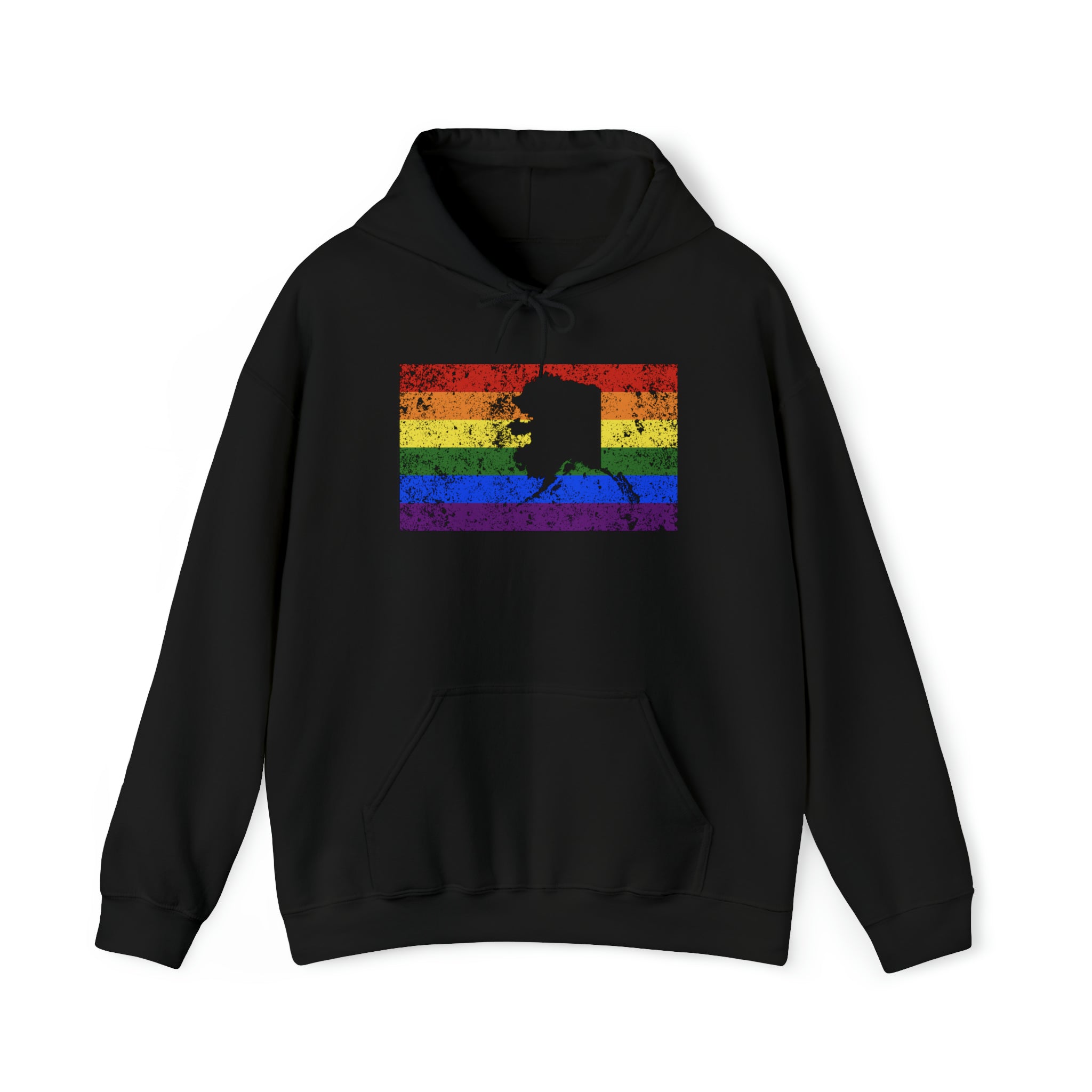 Alaska Pride Flag Hoodie: Rainbow LGBTQ+ State Silhouette Distressed Hooded Sweatshirt