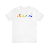 Alberta Pride T-Shirt: Flowing Cursive Design with LGBTQ+ Gradient