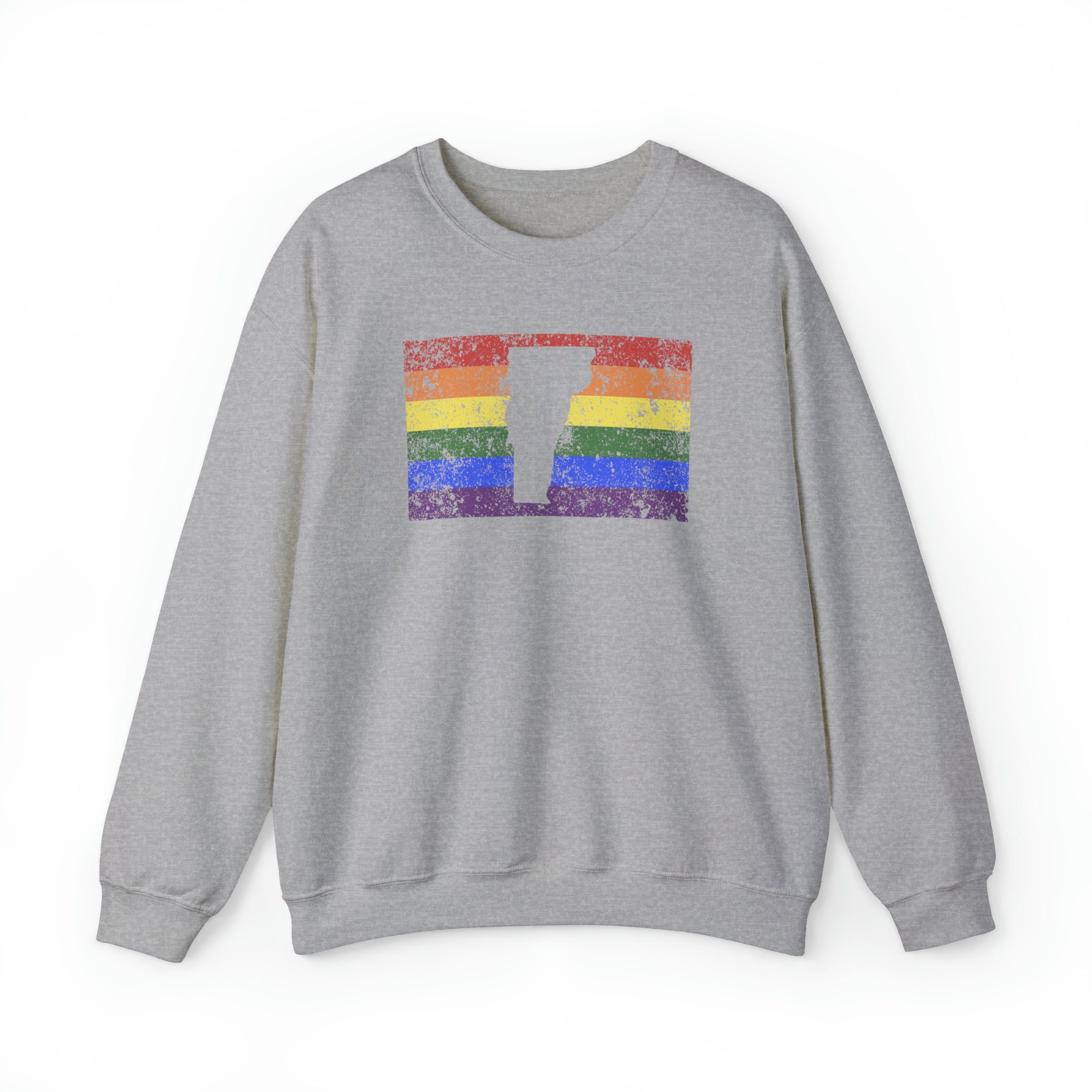 Vermont Pride Flag Sweater: Rainbow LGBTQ+ State Silhouette Distressed Sweatshirt