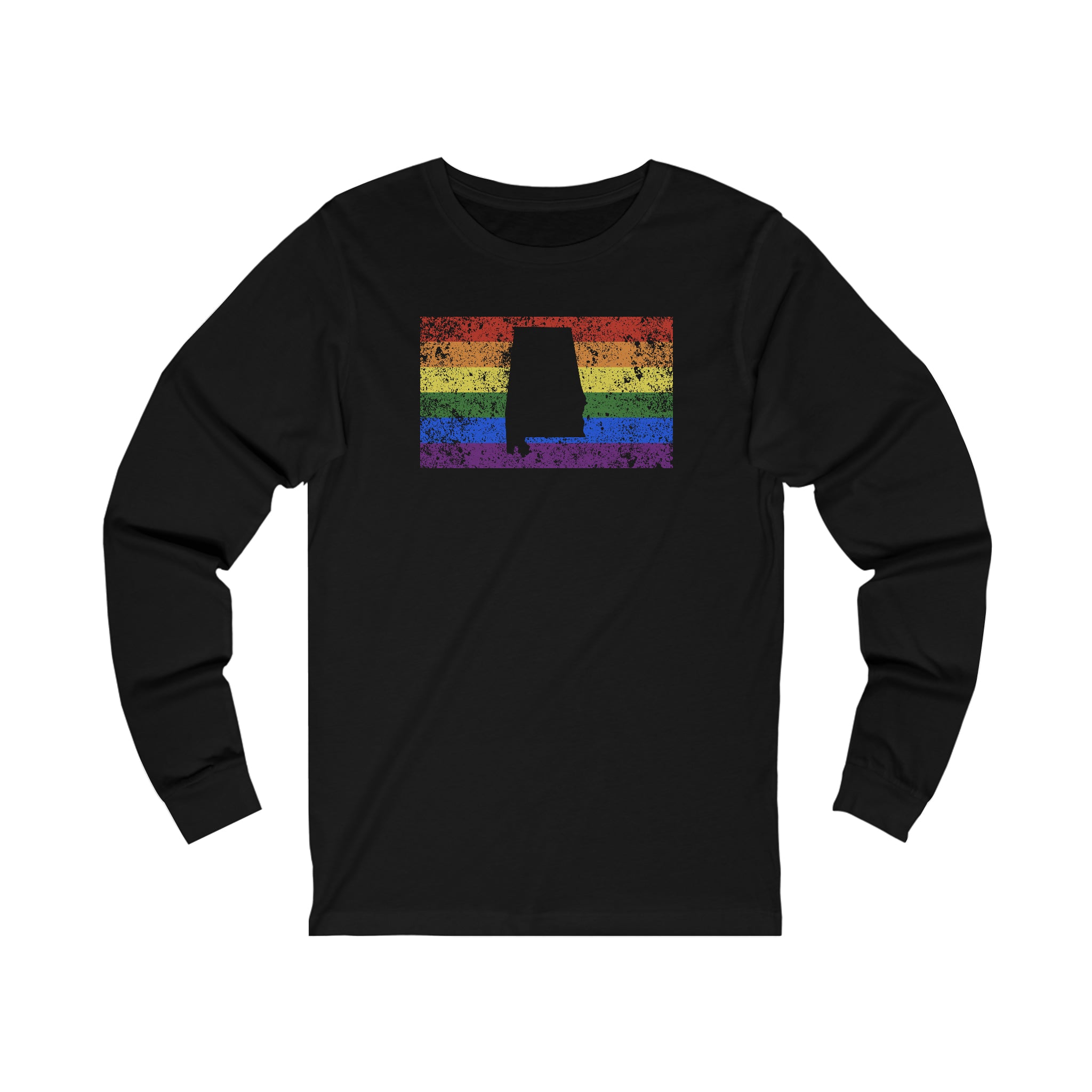 Alabama Pride Flag Long Sleeve Tee: Rainbow LGBTQ+ State Silhouette Distressed Long Sleeve T-Shirt
