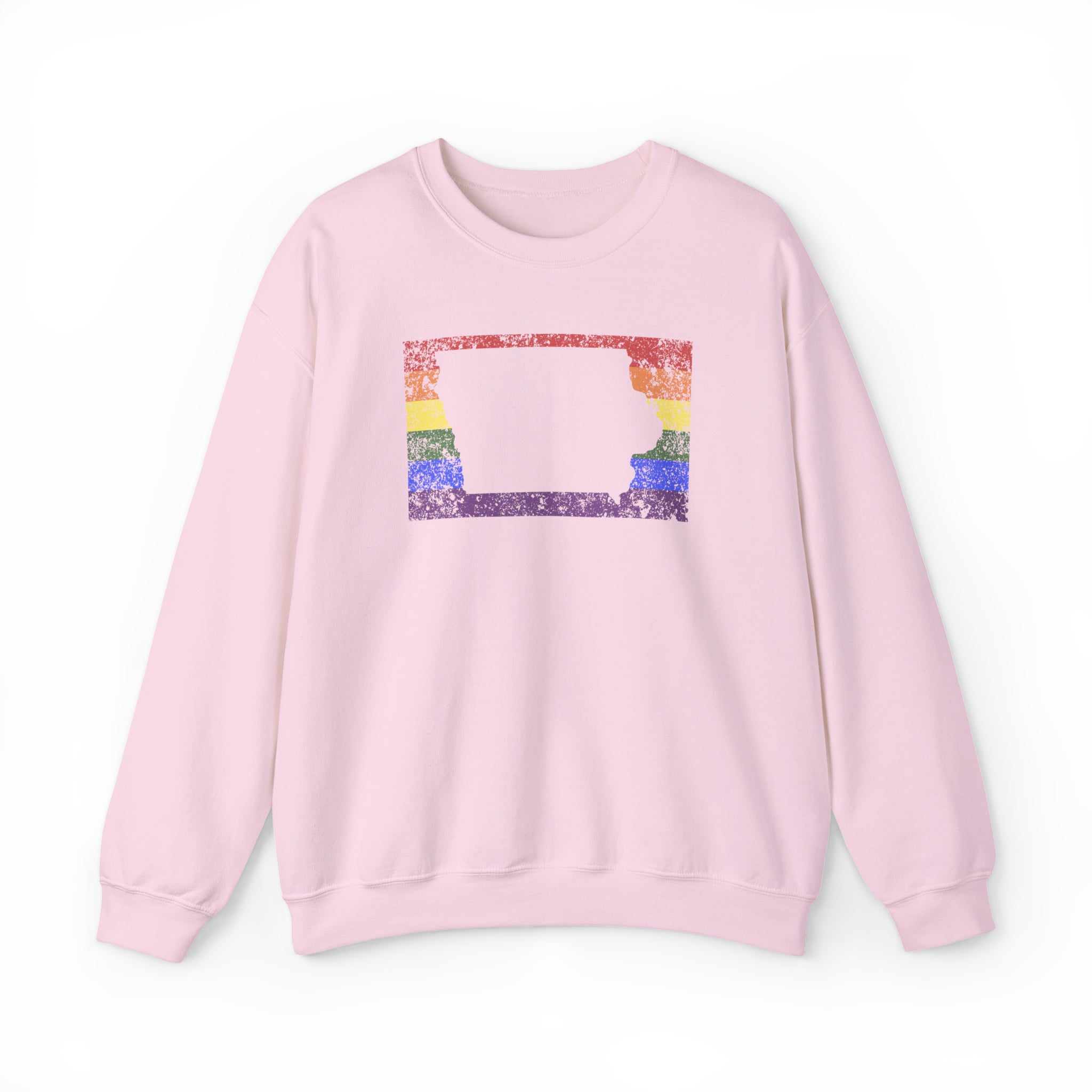 Iowa Pride Flag Sweater: Rainbow LGBTQ+ State Silhouette Distressed Sweatshirt