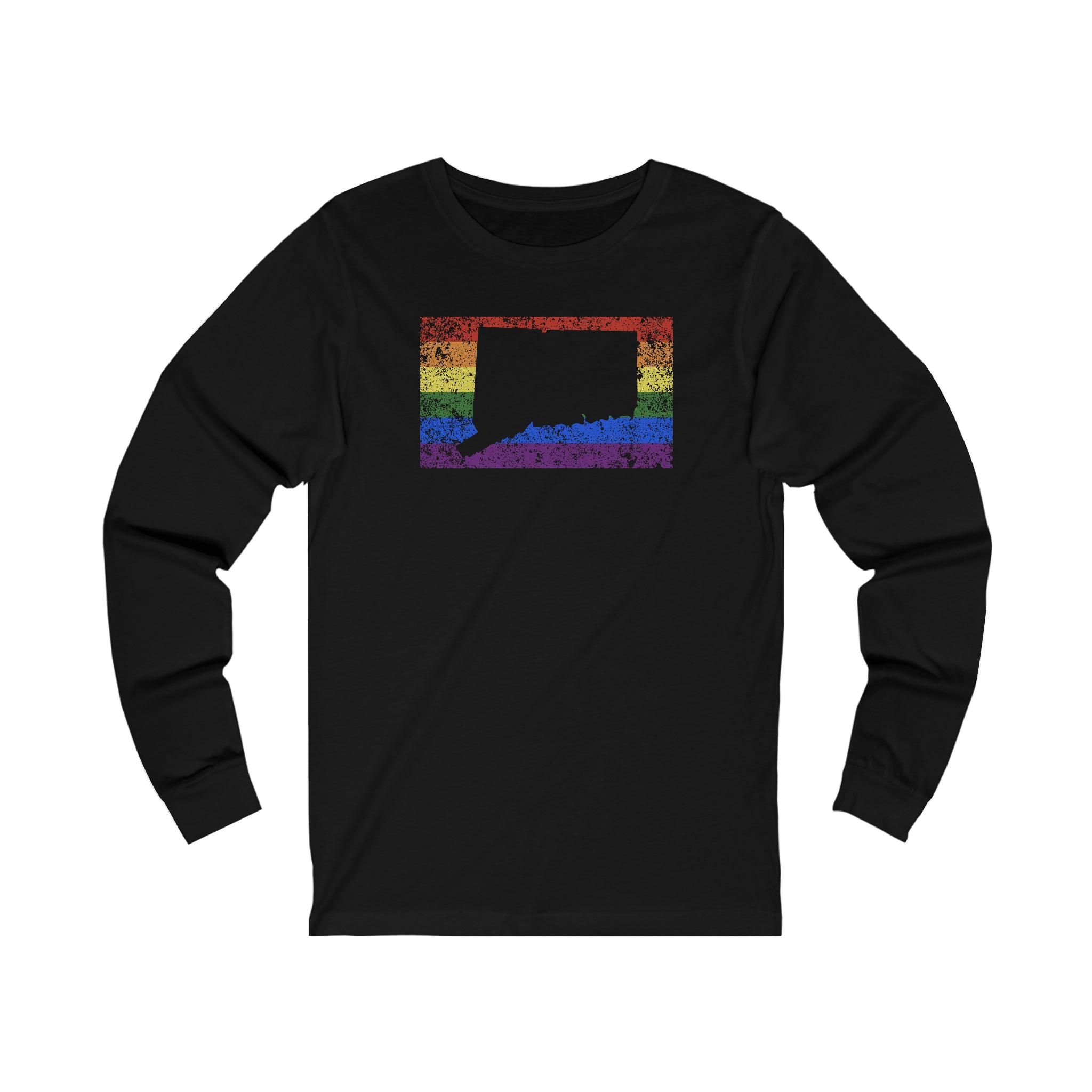 Connecticut Pride Flag Long Sleeve Tee: Rainbow LGBTQ+ State Silhouette Distressed Long Sleeve T-Shirt