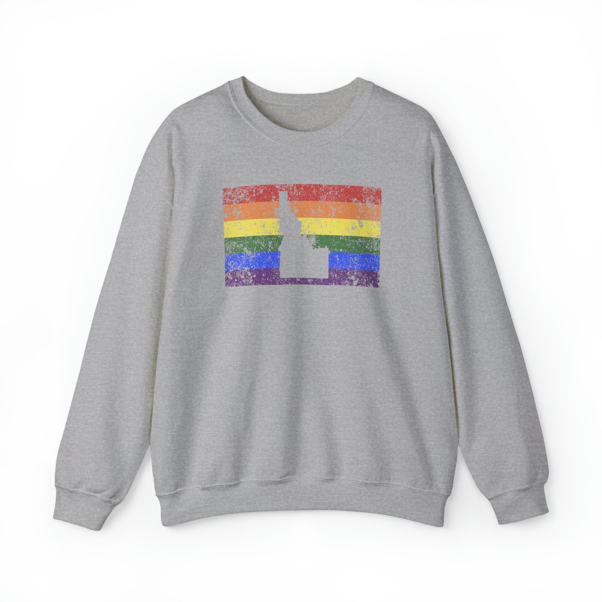 Idaho Pride Flag Sweater: Rainbow LGBTQ+ State Silhouette Distressed Sweatshirt