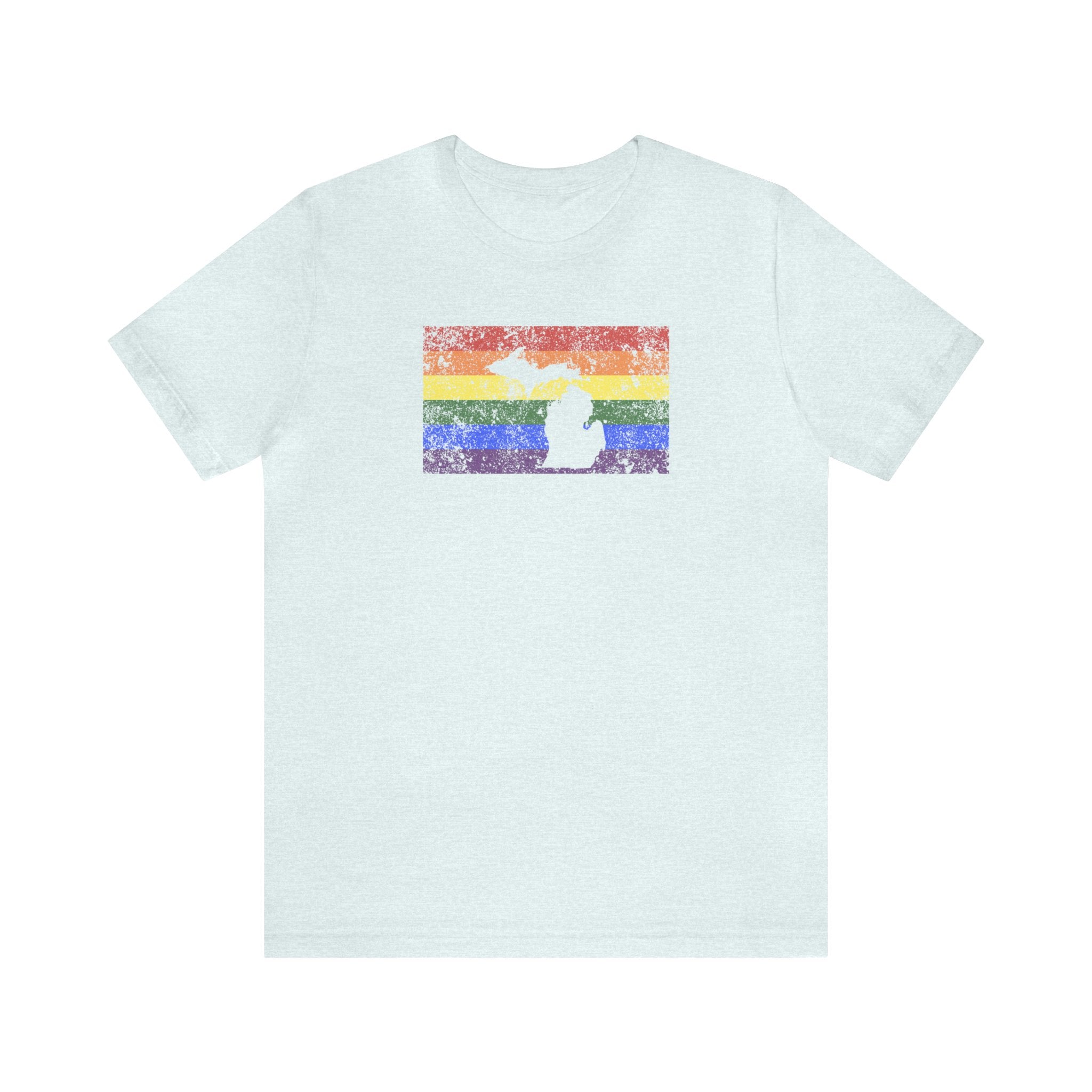 Michigan Pride Flag Tee: Rainbow LGBTQ+ State Silhouette Distressed Shirt