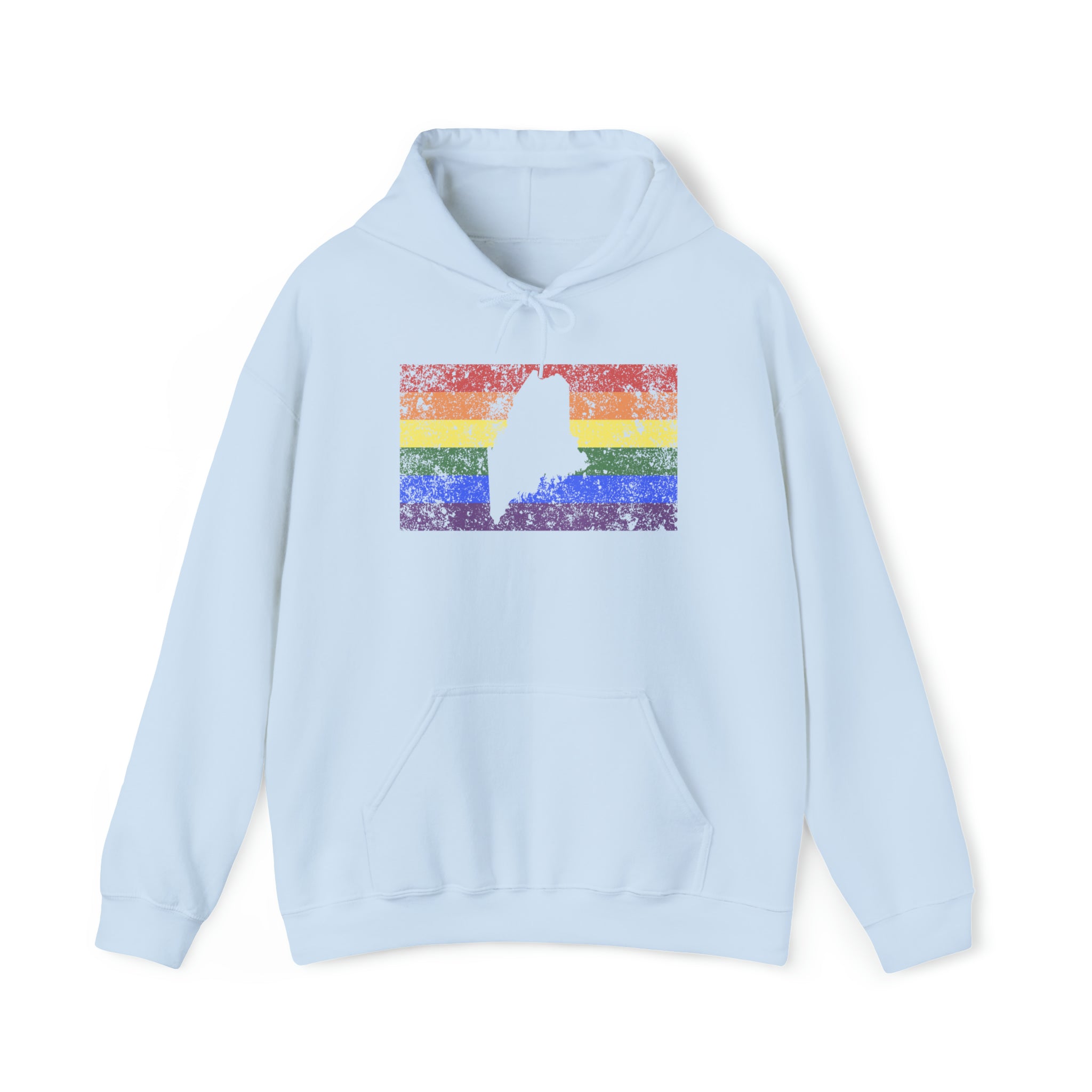 Maine Pride Flag Hoodie: Rainbow LGBTQ+ State Silhouette Distressed Hooded Sweatshirt