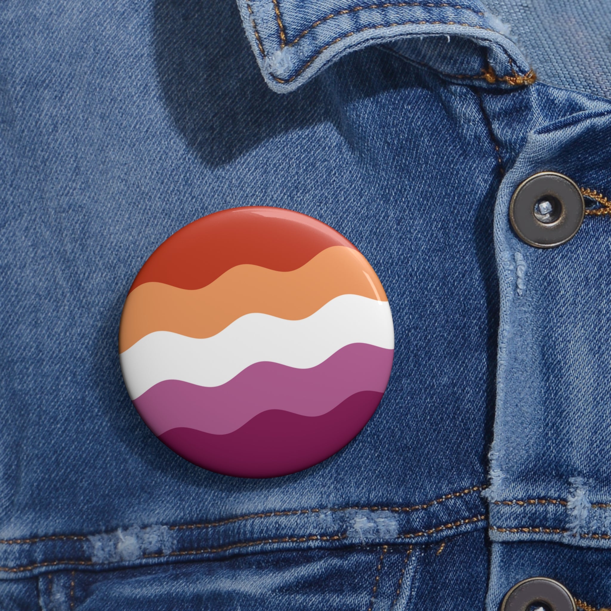 Lesbian Pride Flag Pin: Round Button with Wavey Design