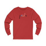 Queer Pride Long Sleeve T-Shirt: Flowing Cursive 'Pride' in Gradient Hues