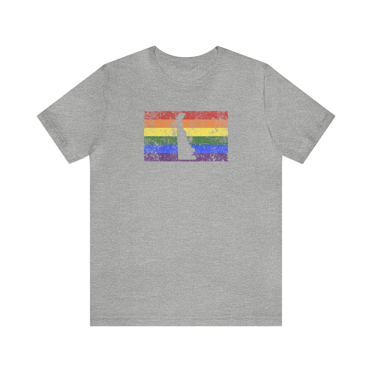 Delaware Pride Flag Tee: Rainbow LGBTQ+ State Silhouette Distressed Shirt