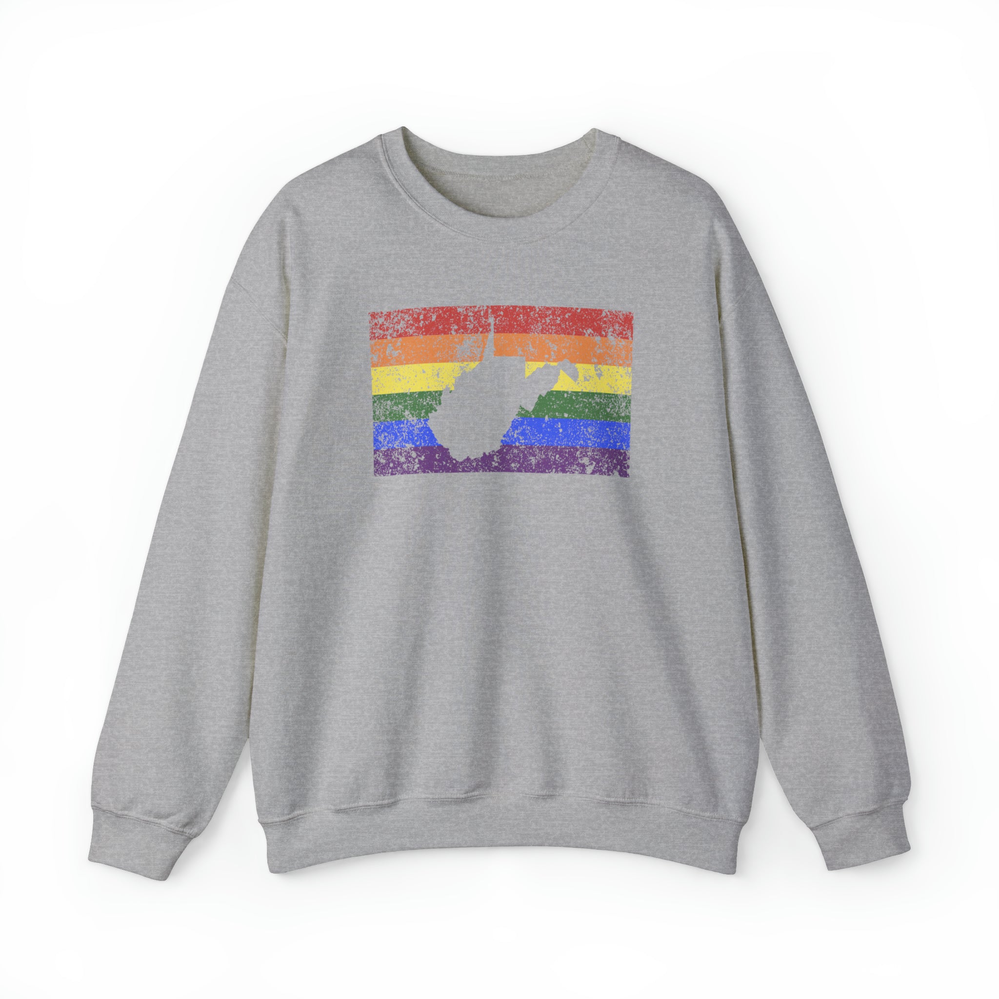 West Virginia Pride Flag Sweater: Rainbow LGBTQ+ State Silhouette Distressed Sweatshirt
