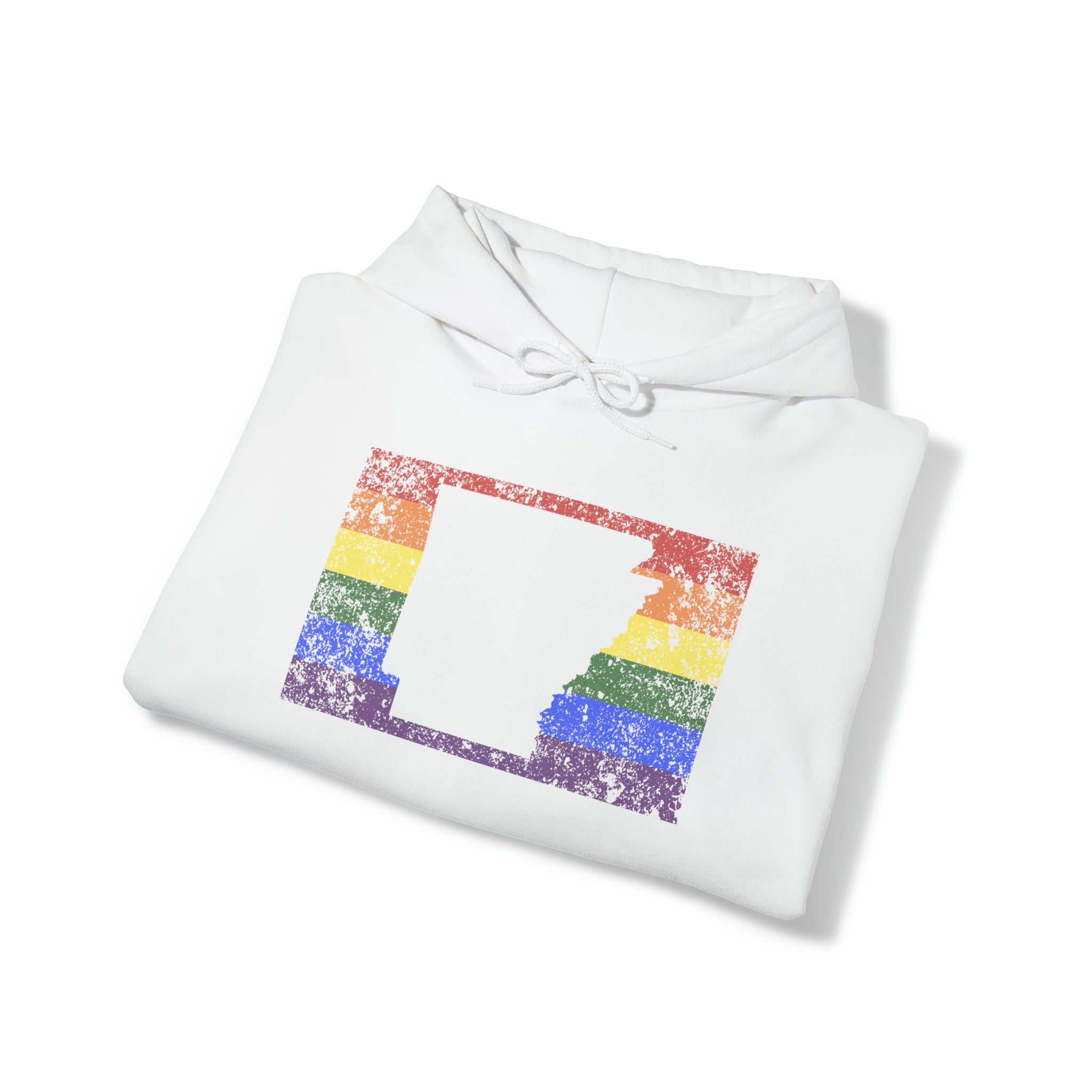 Arkansas Pride Flag Hoodie: Rainbow LGBTQ+ State Silhouette Distressed Hooded Sweatshirt