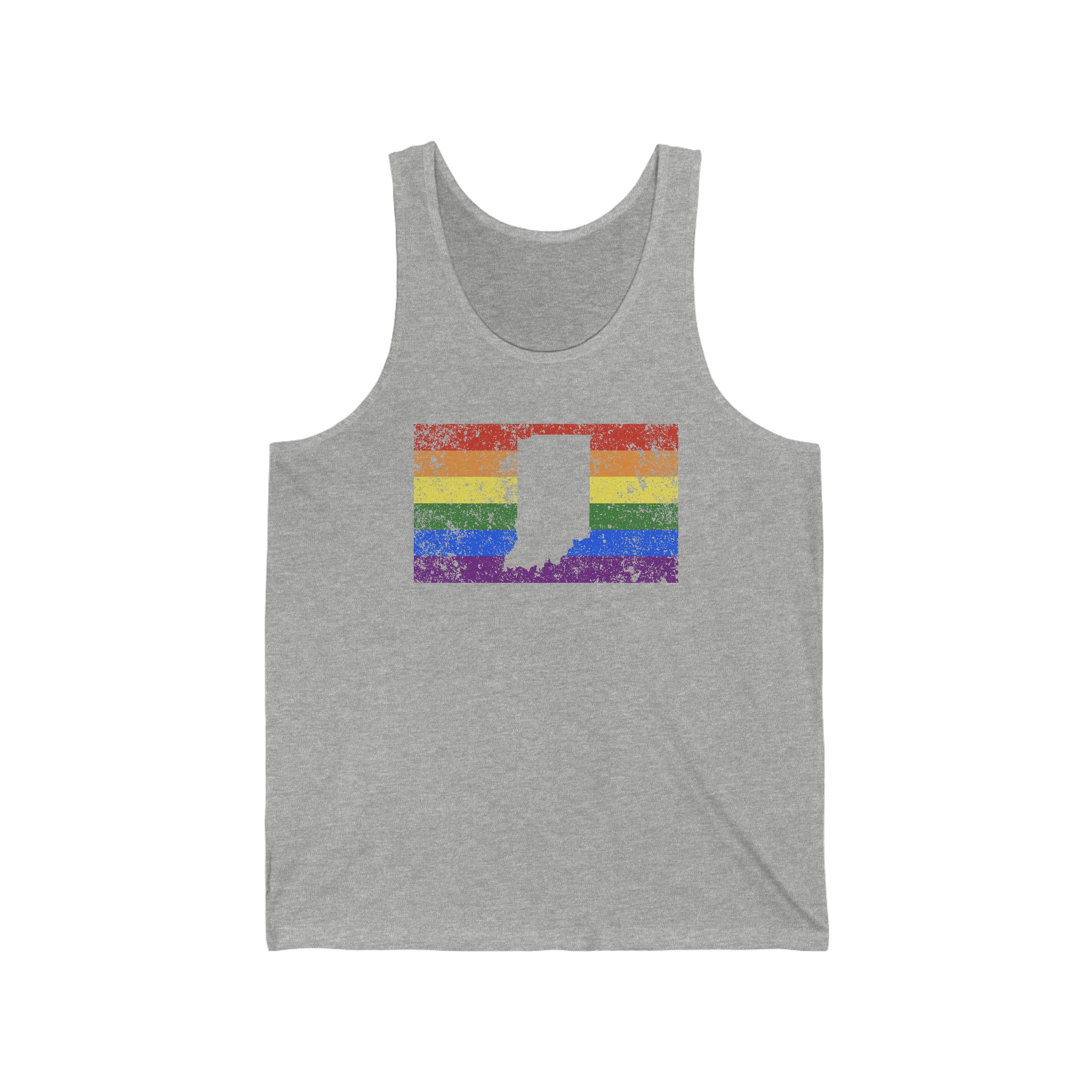 Indiana Pride Flag Tank: Rainbow LGBTQ+ State Silhouette Distressed Tank-Top