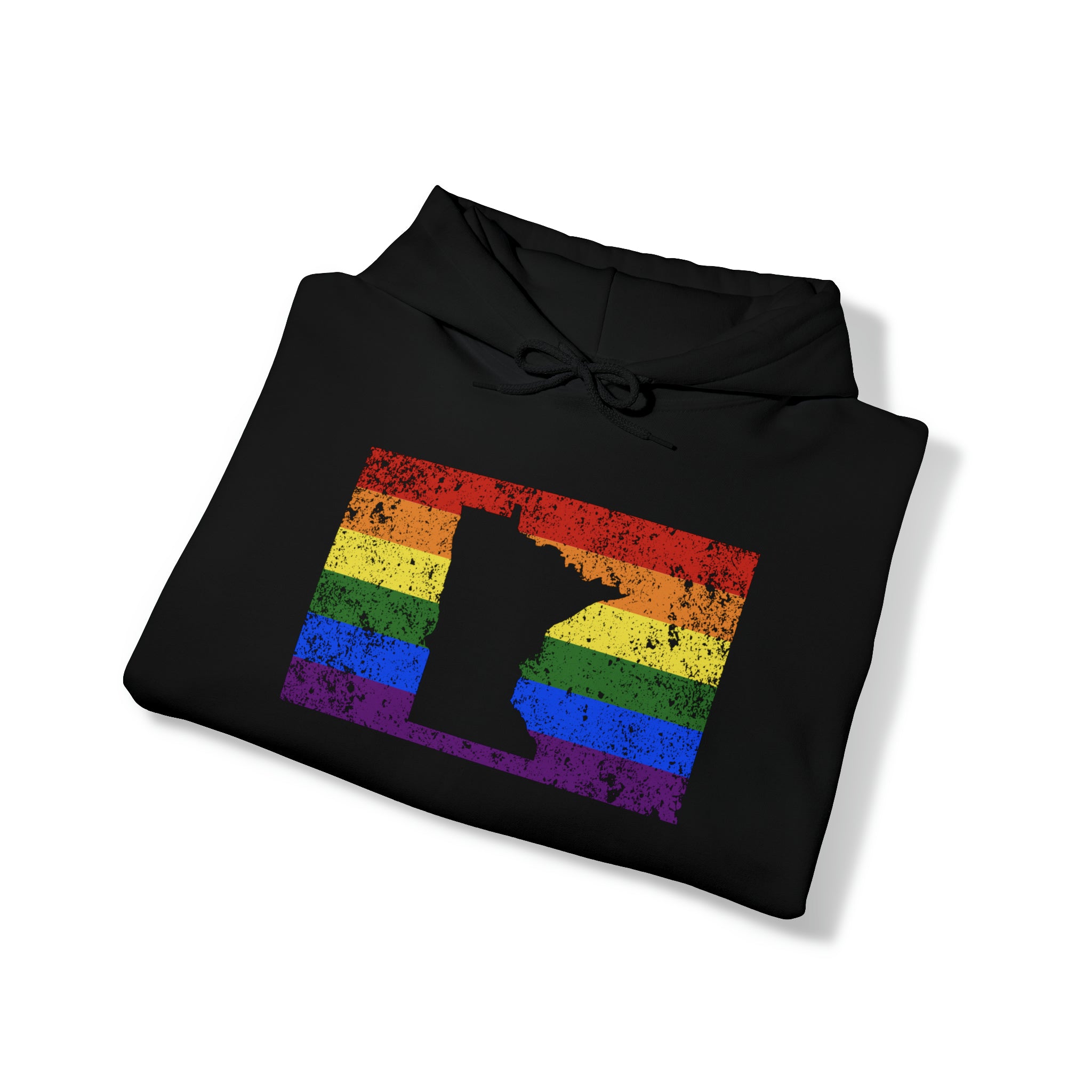 Minnesota Pride Flag Hoodie: Rainbow LGBTQ+ State Silhouette Distressed Hooded Sweatshirt