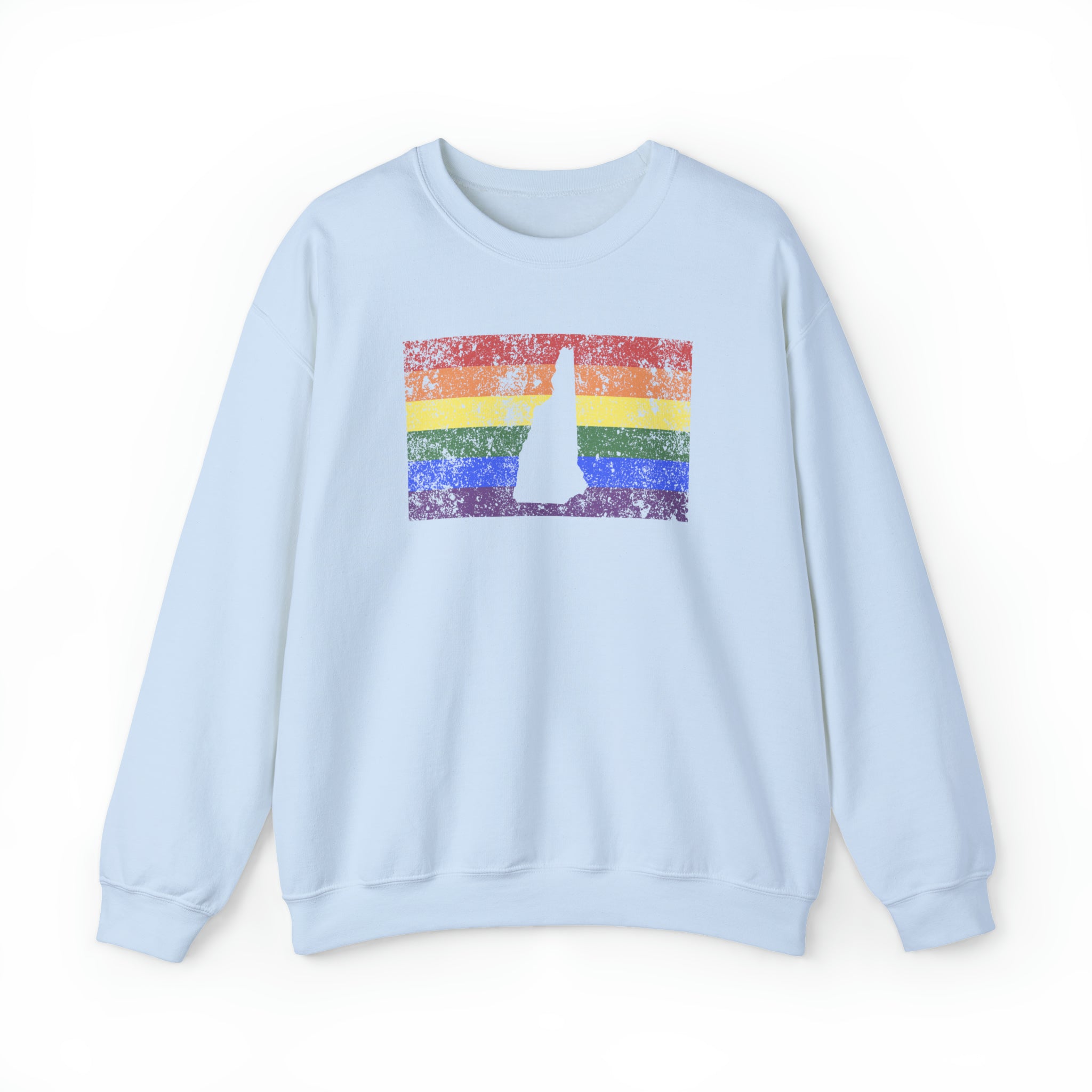 New Hampshire Pride Flag Sweater: Rainbow LGBTQ+ State Silhouette Distressed Sweatshirt