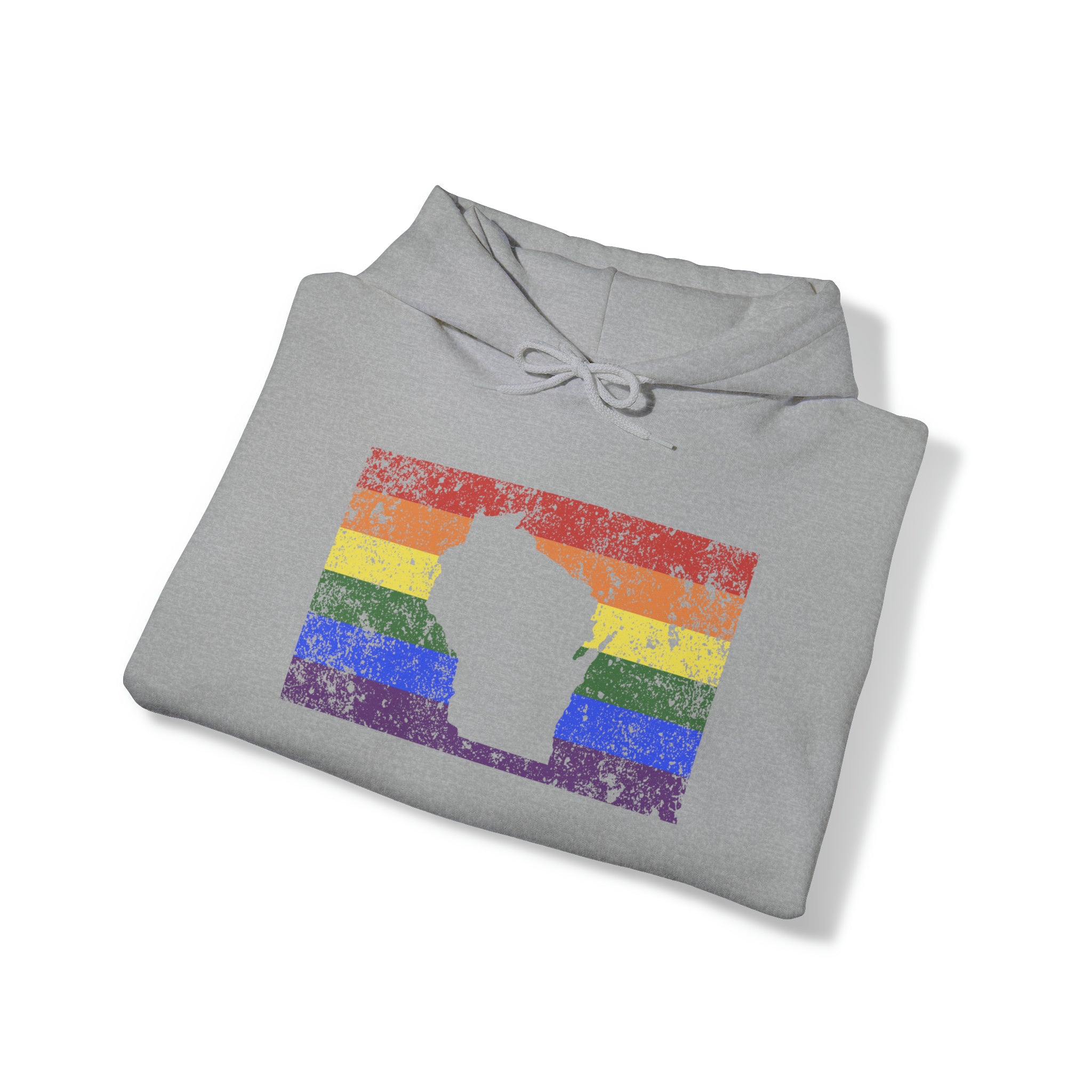 Wisconsin Pride Flag Hoodie: Rainbow LGBTQ+ State Silhouette Distressed Hooded Sweatshirt