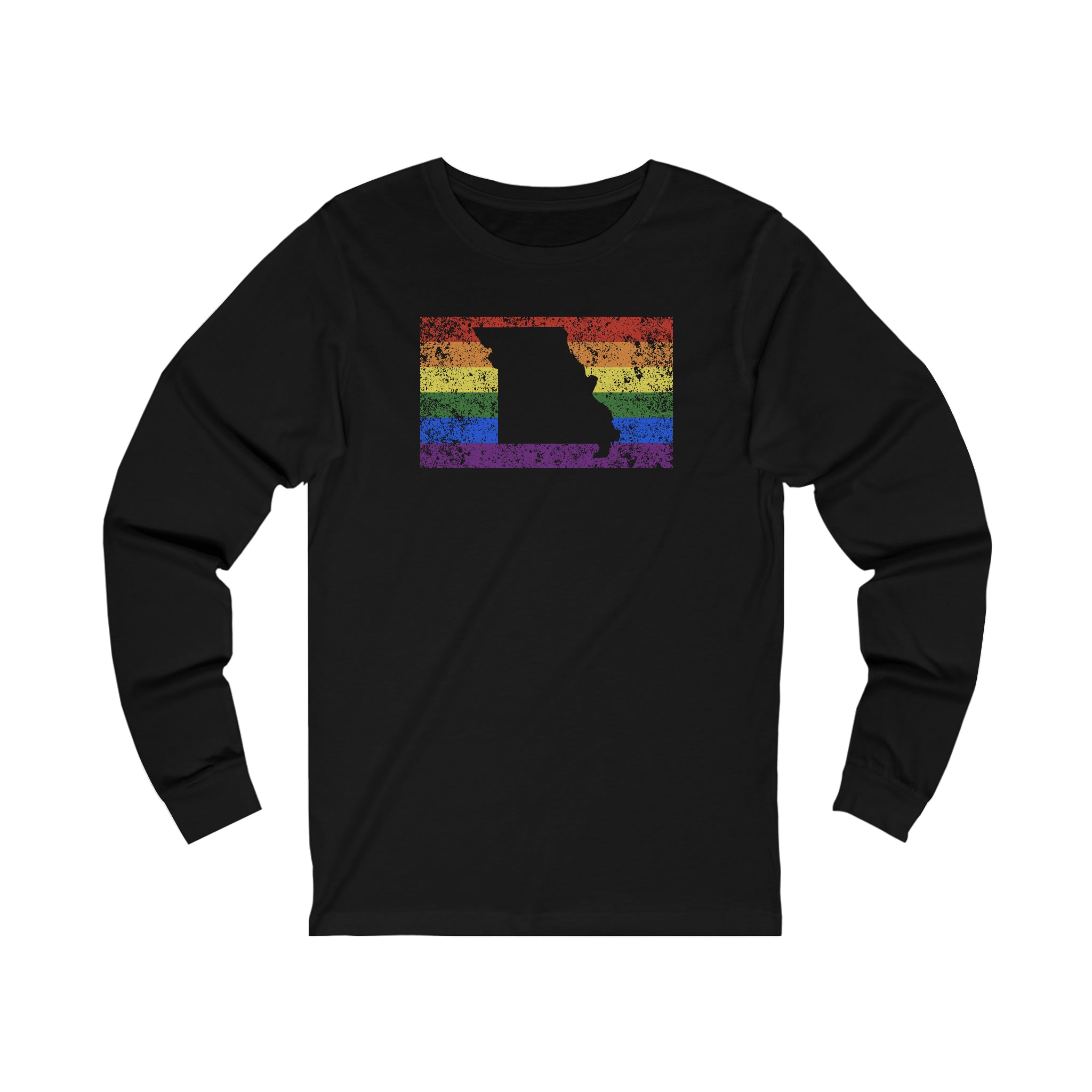 Missouri Pride Flag Long Sleeve Tee: Rainbow LGBTQ+ State Silhouette Distressed Long Sleeve T-Shirt