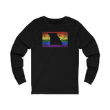 Missouri Pride Flag Long Sleeve Tee: Rainbow LGBTQ+ State Silhouette Distressed Long Sleeve T-Shirt