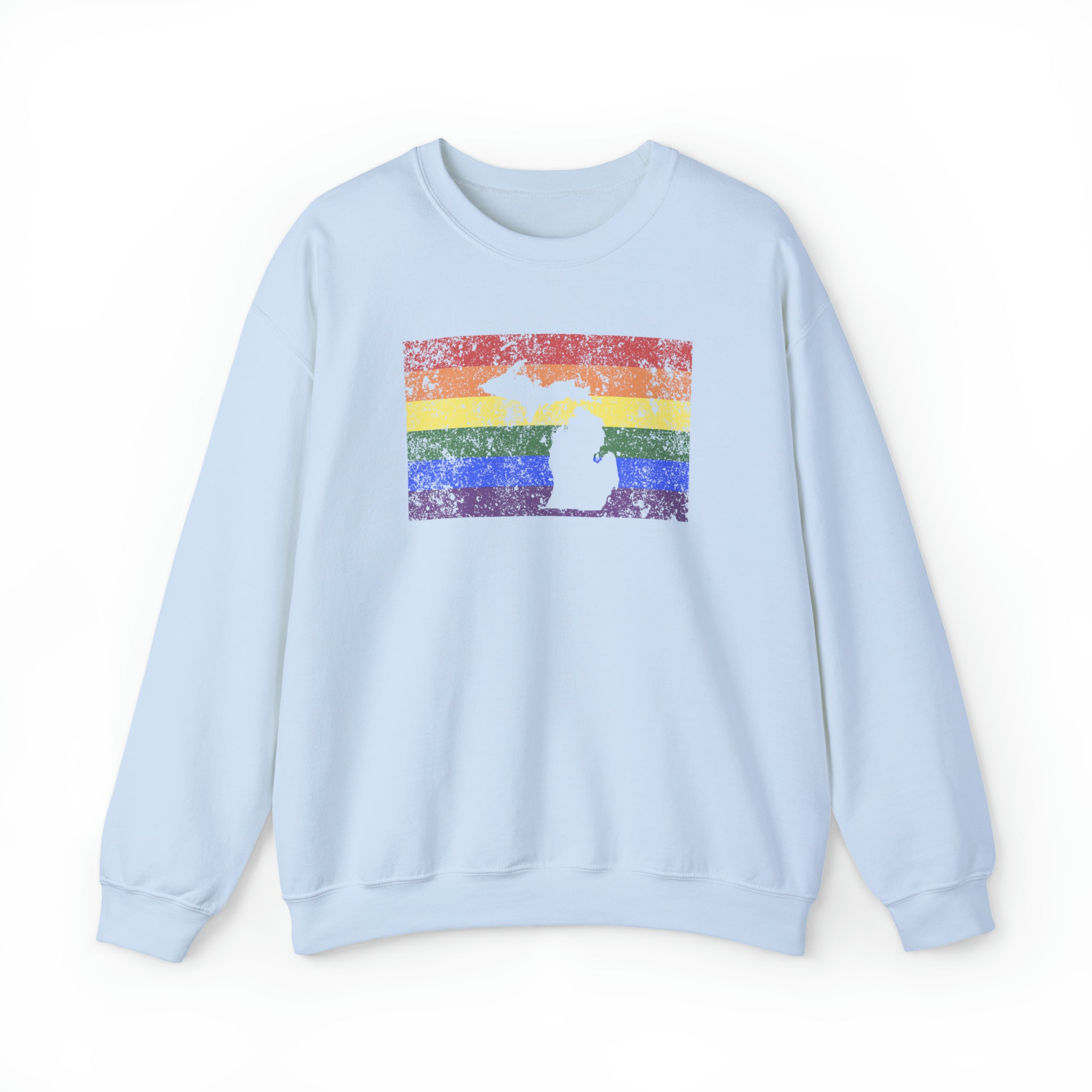 Michigan Pride Flag Sweater: Rainbow LGBTQ+ State Silhouette Distressed Sweatshirt