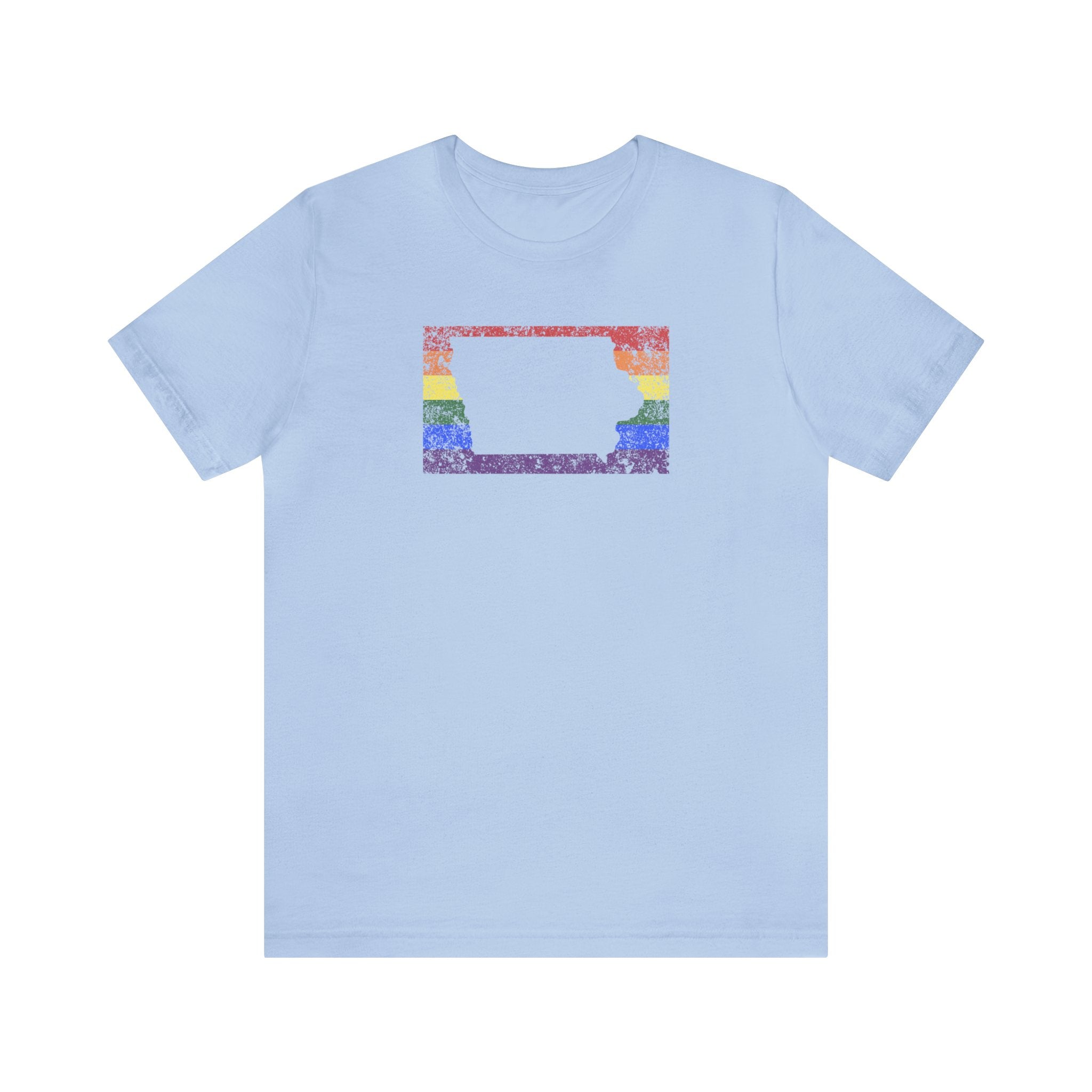 Iowa Pride Flag Tee: Rainbow LGBTQ+ State Silhouette Distressed Shirt