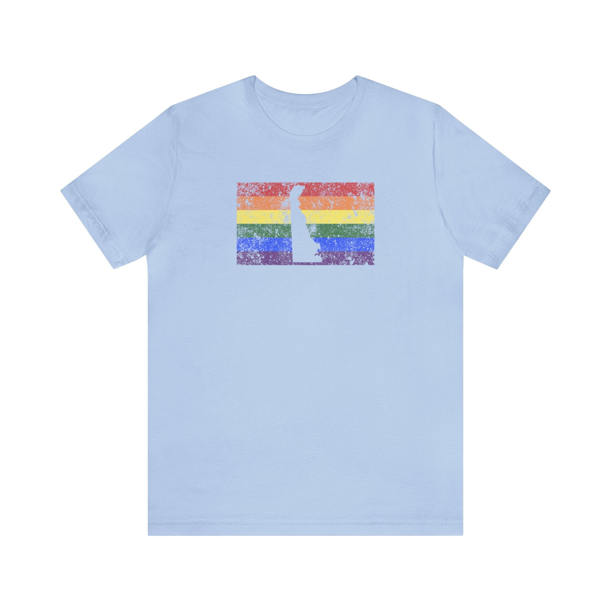 Delaware Pride Flag Tee: Rainbow LGBTQ+ State Silhouette Distressed Shirt