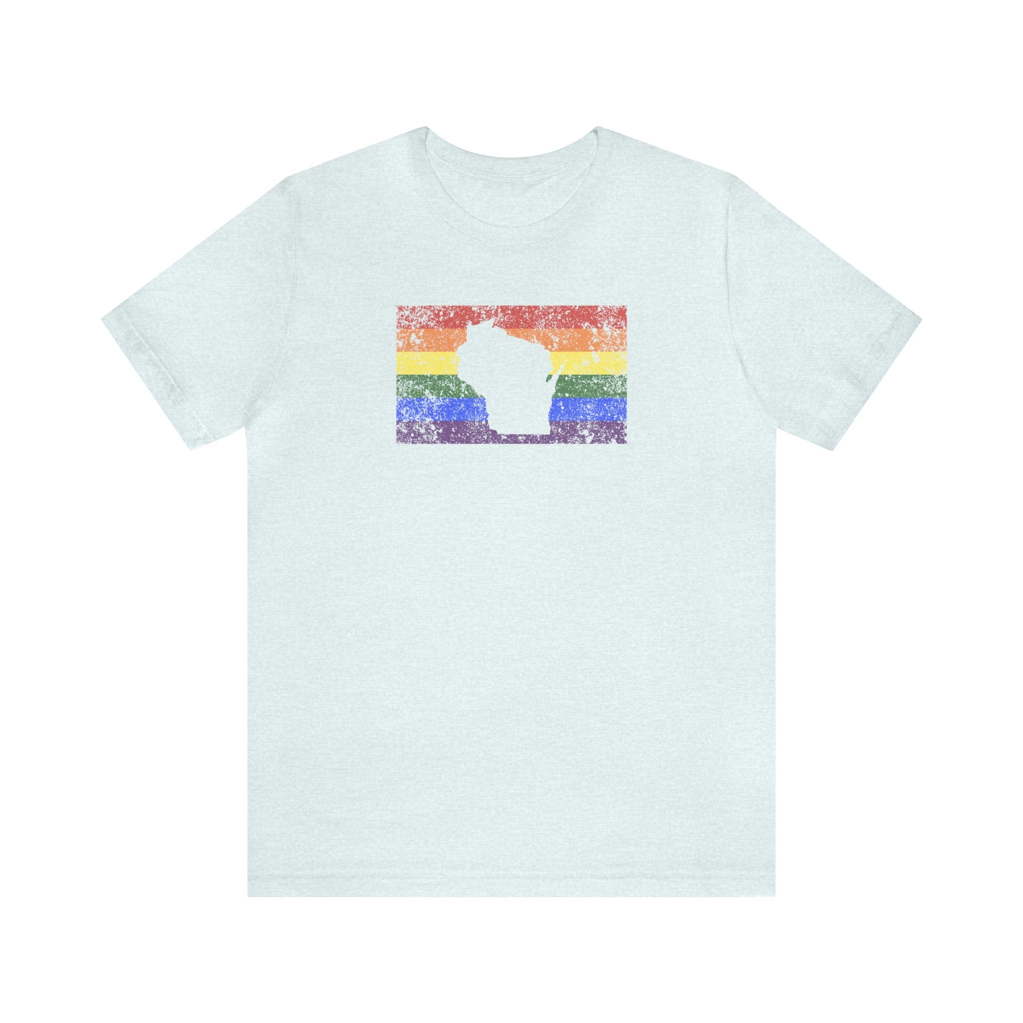 Wisconsin Pride Flag Tee: Rainbow LGBTQ+ State Silhouette Distressed Shirt
